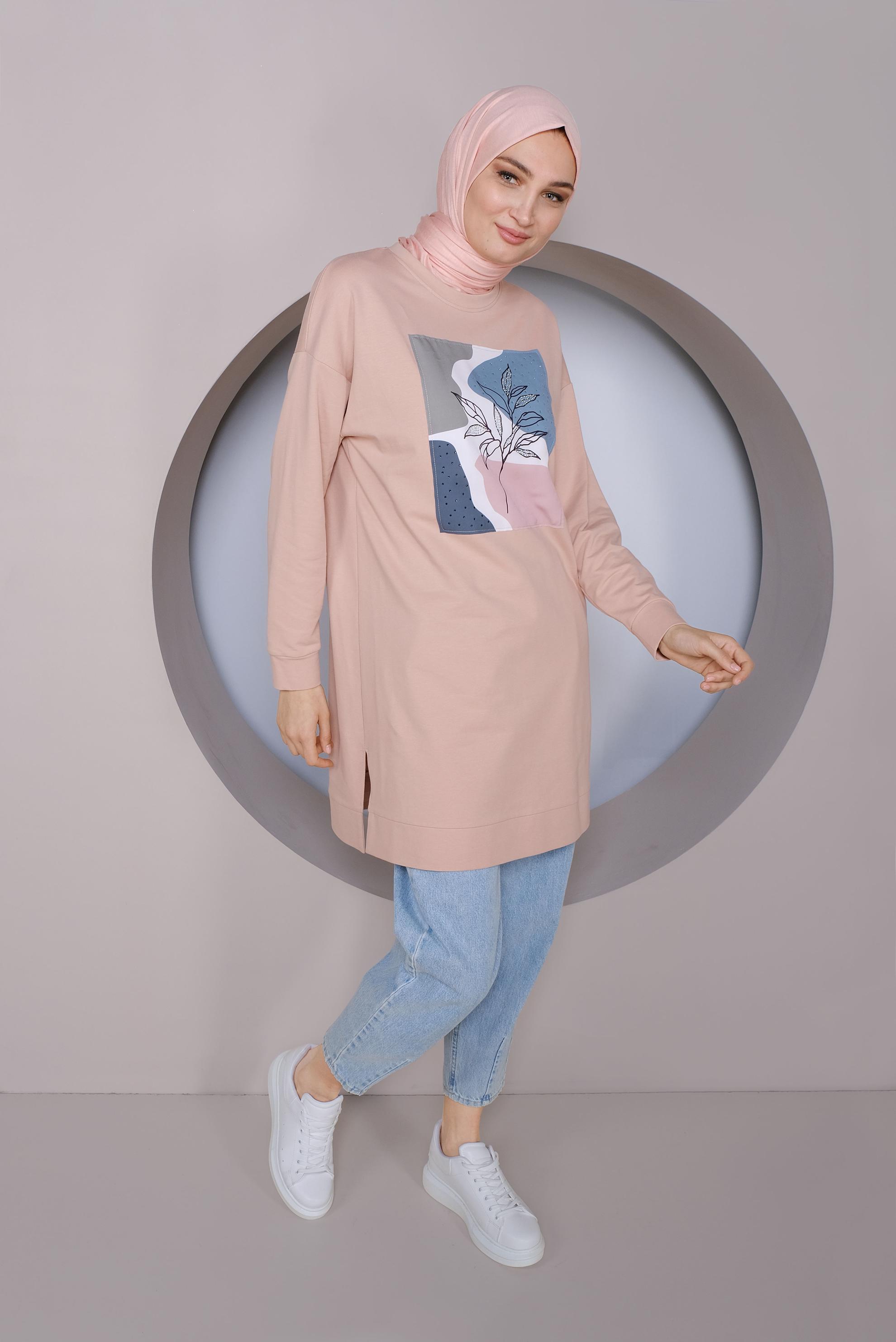Tesettür giyim PUDRA BASKI DETAYLI EŞOFMAN TUNİK 41393
