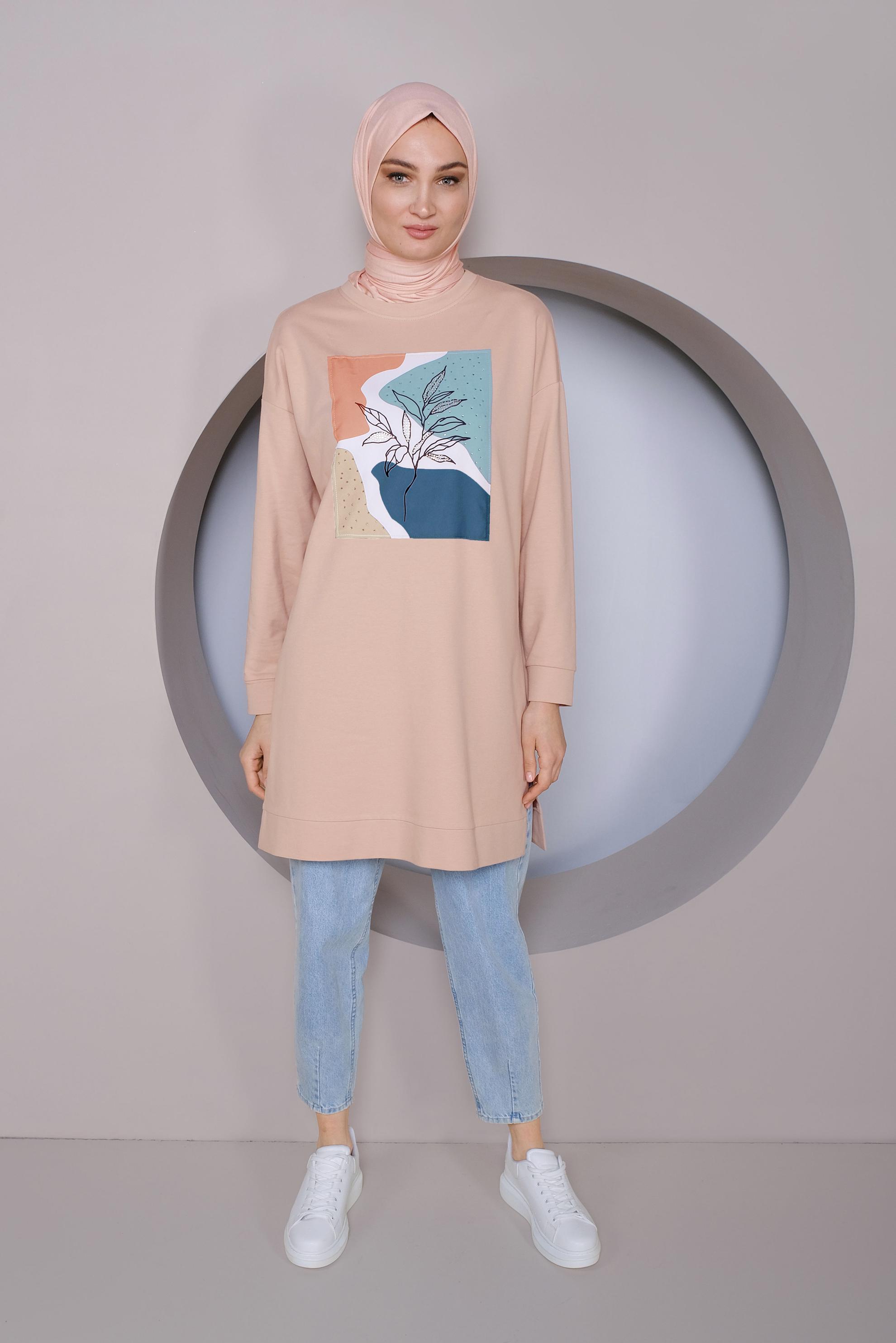 Tesettür giyim PUDRA BASKI DETAYLI EŞOFMAN TUNİK 41393