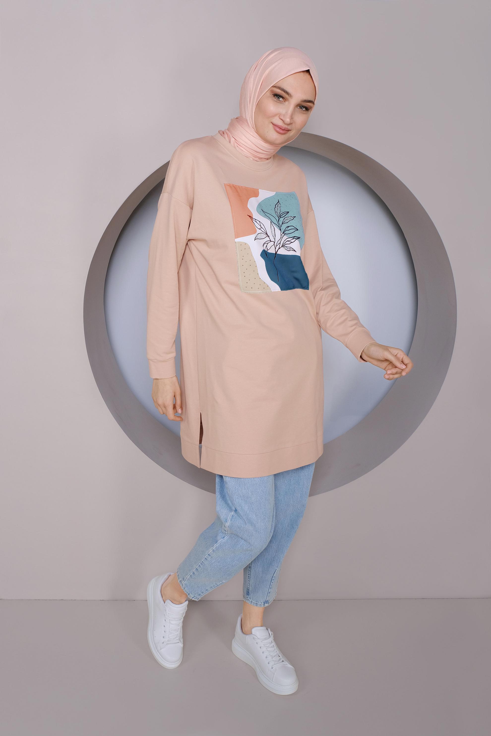Tesettür giyim PUDRA BASKI DETAYLI EŞOFMAN TUNİK 41393