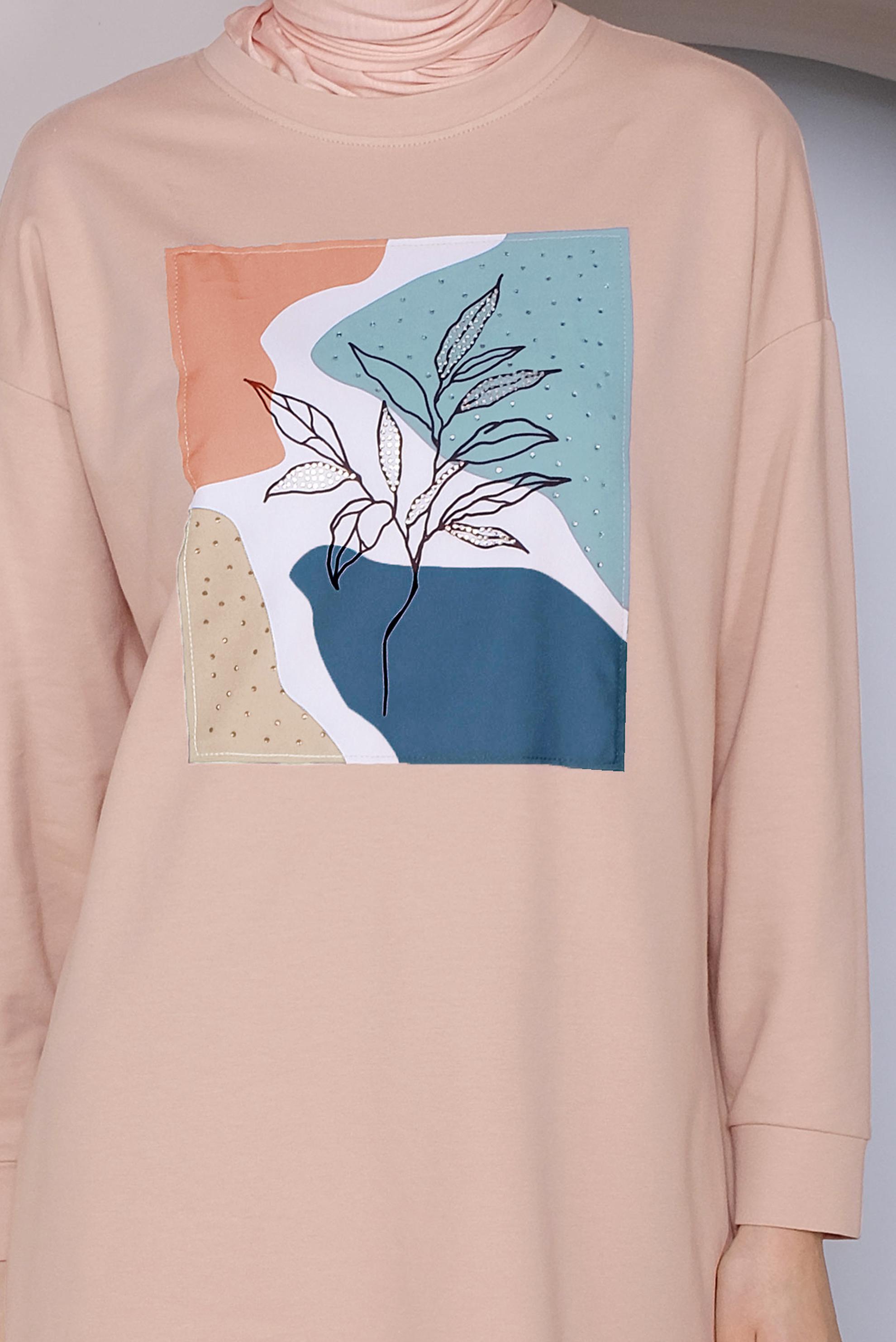 Tesettür giyim PUDRA BASKI DETAYLI EŞOFMAN TUNİK 41393