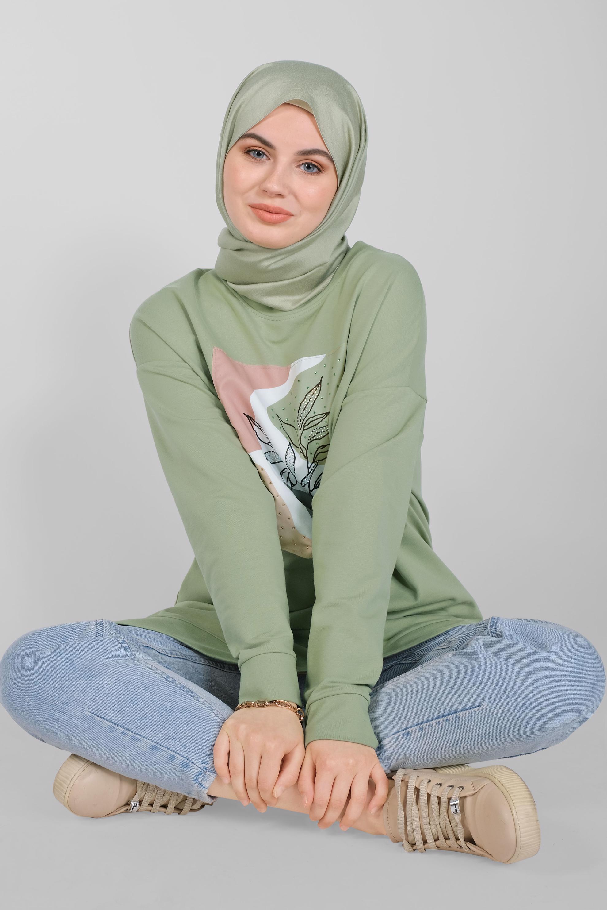 Tesettür giyim YEŞİL BASKI DETAYLI EŞOFMAN TUNİK 41393