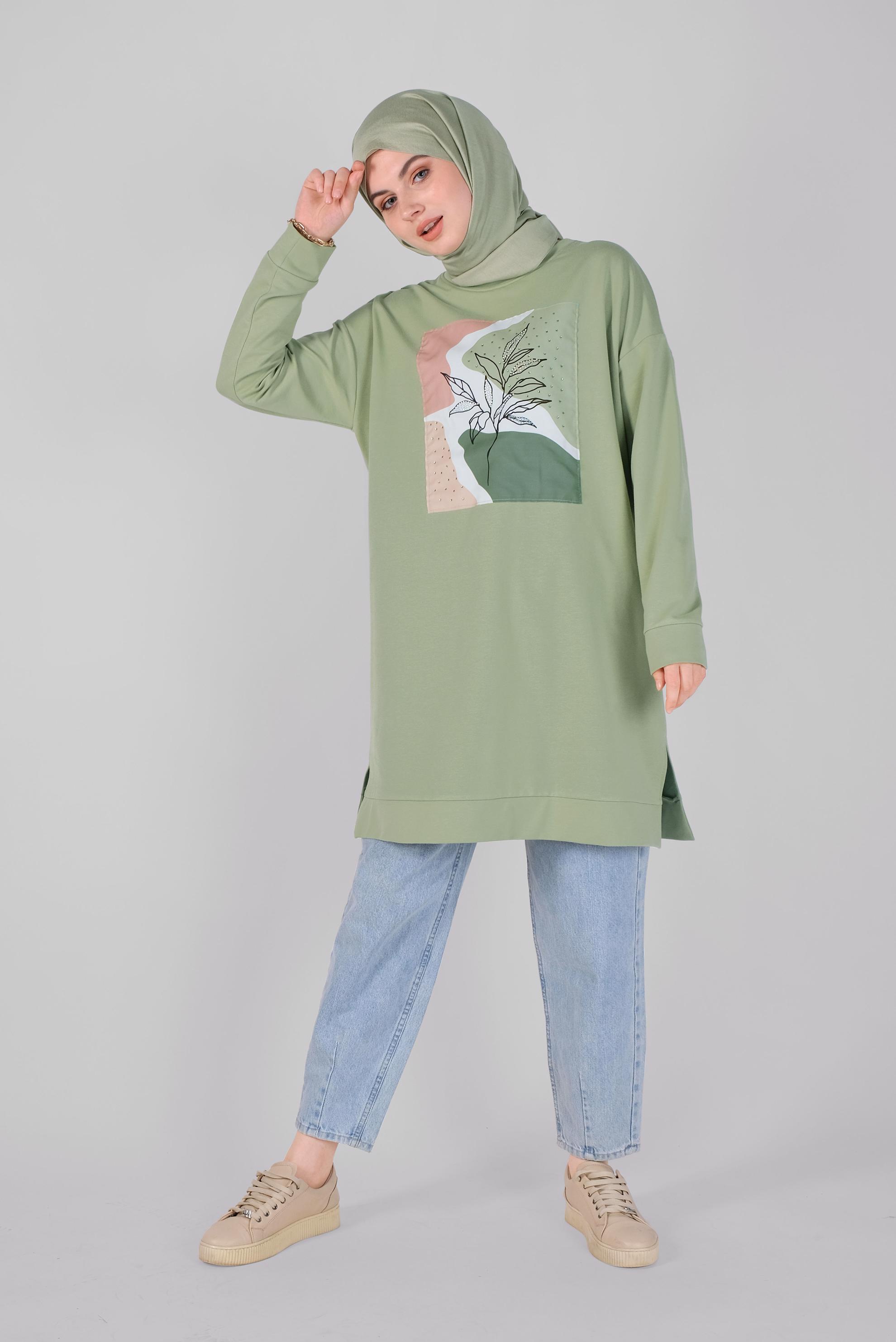 Tesettür giyim YEŞİL BASKI DETAYLI EŞOFMAN TUNİK 41393