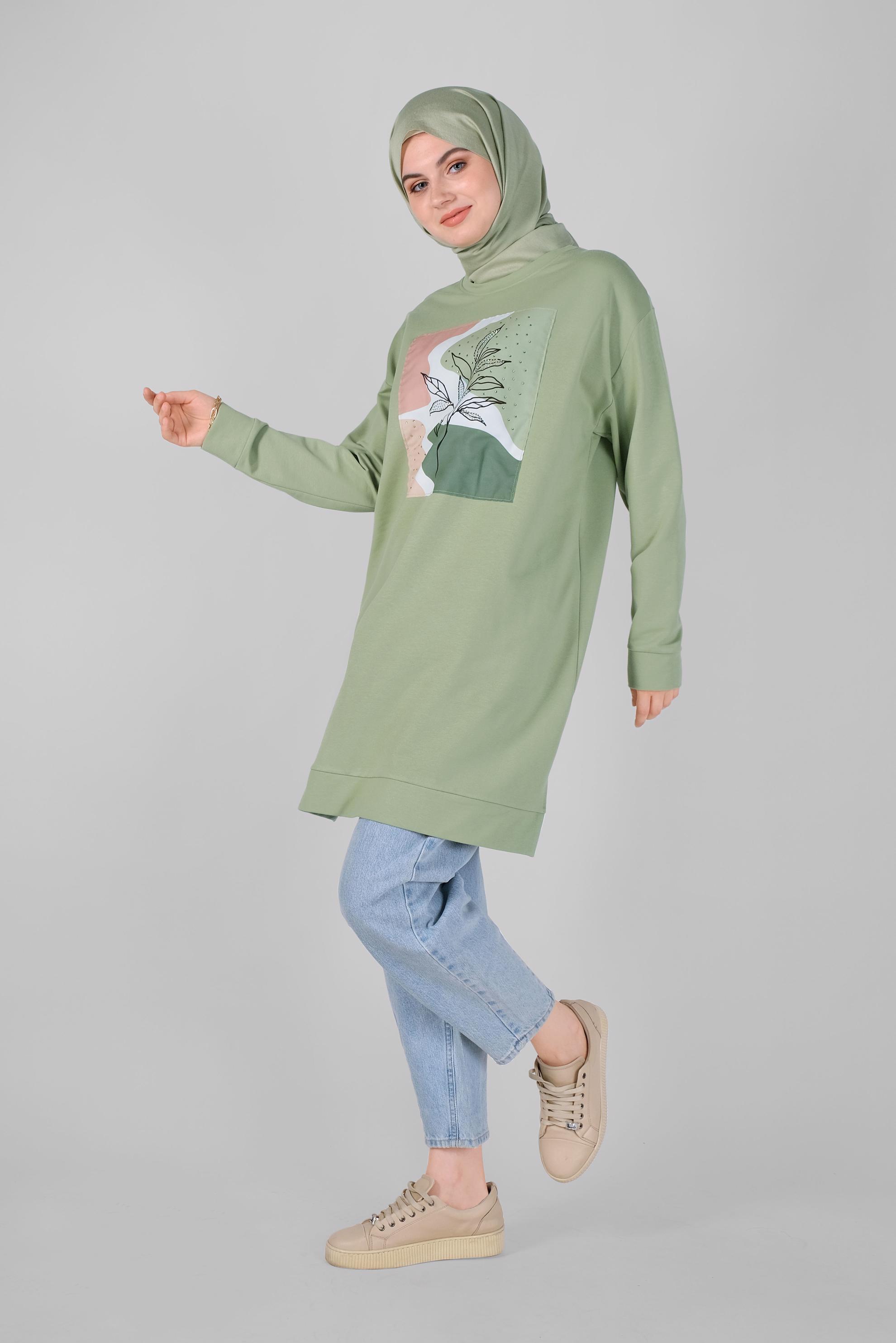Tesettür giyim YEŞİL BASKI DETAYLI EŞOFMAN TUNİK 41393