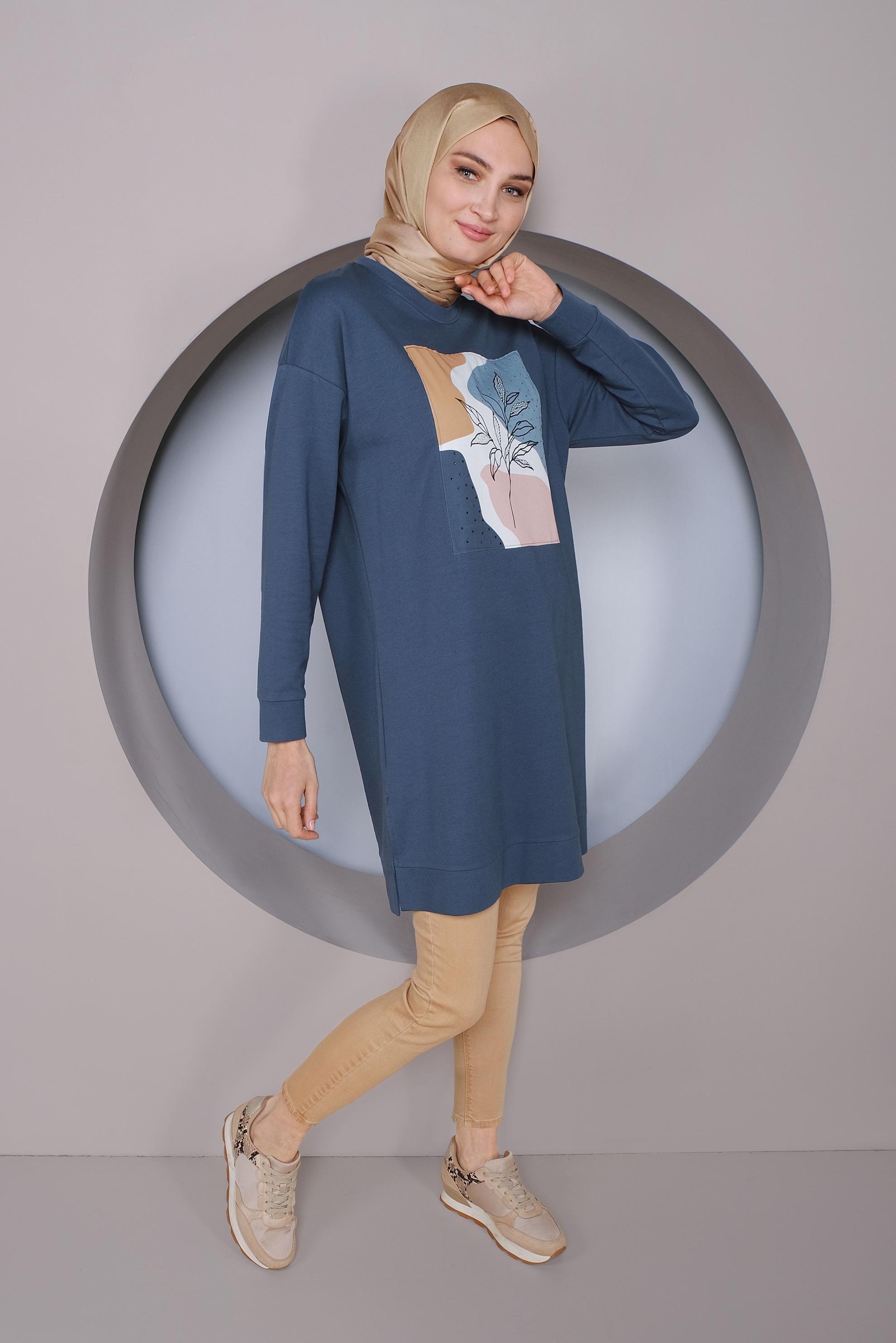 Tesettür giyim LACİVERT BASKI DETAYLI EŞOFMAN TUNİK 41393