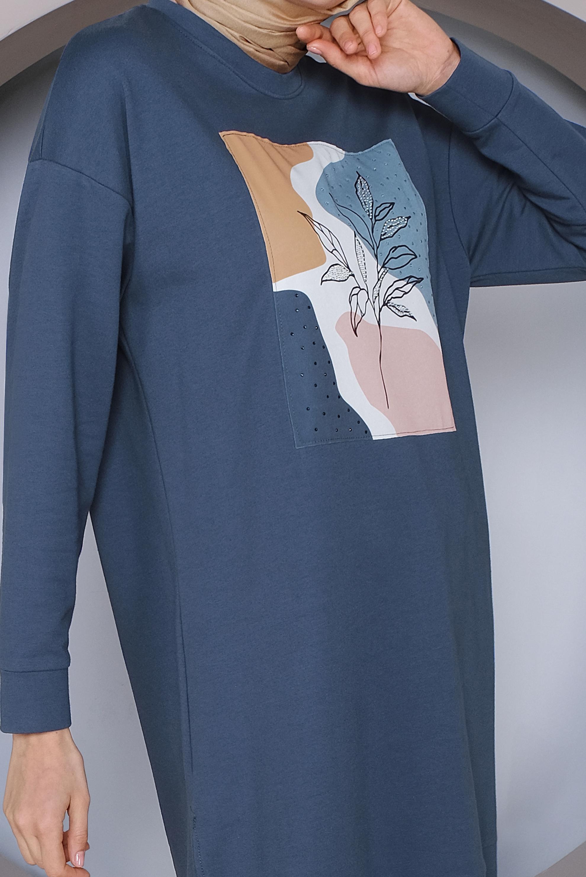 Tesettür giyim LACİVERT BASKI DETAYLI EŞOFMAN TUNİK 41393