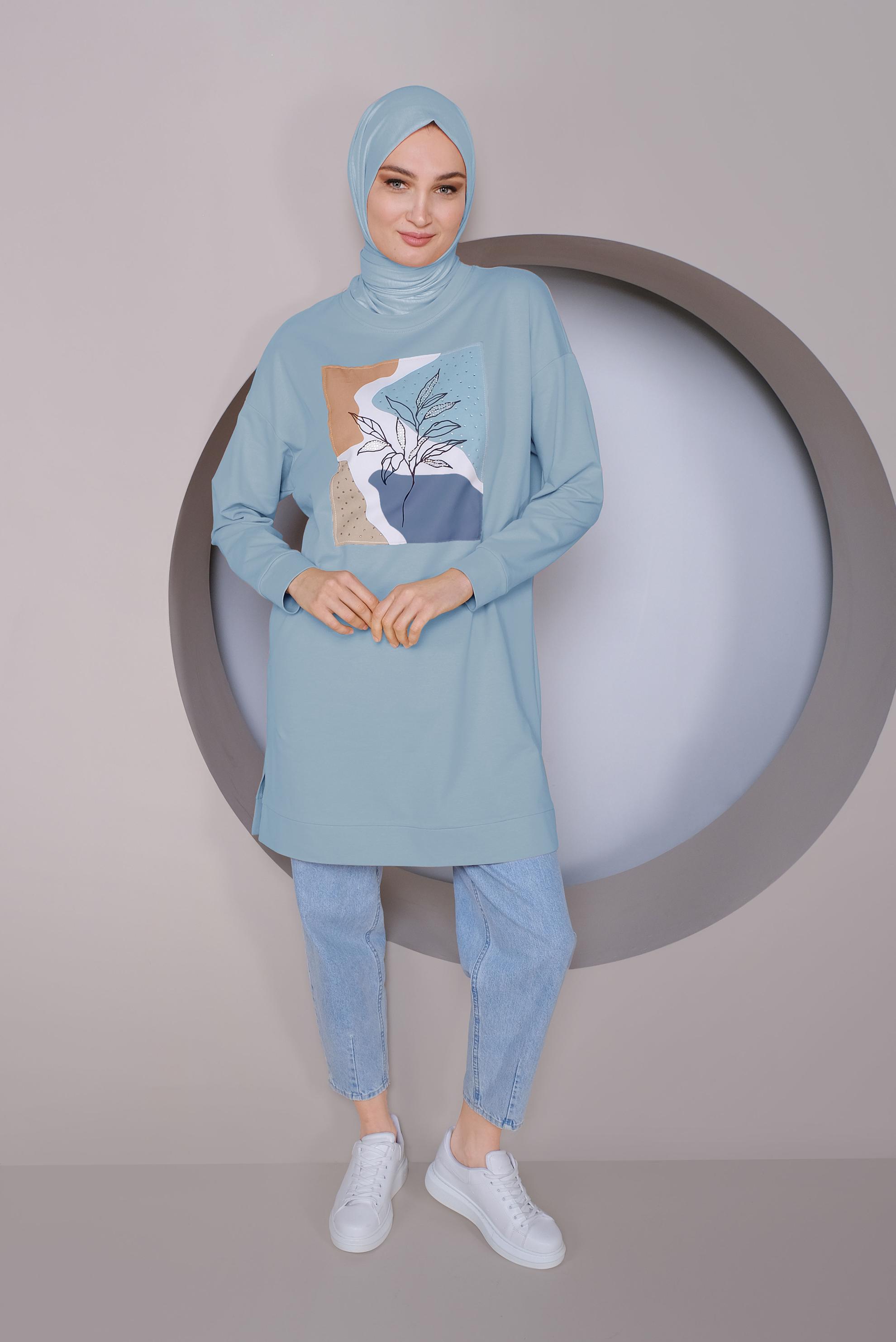 Tesettür giyim MAVİ BASKI DETAYLI EŞOFMAN TUNİK 41393