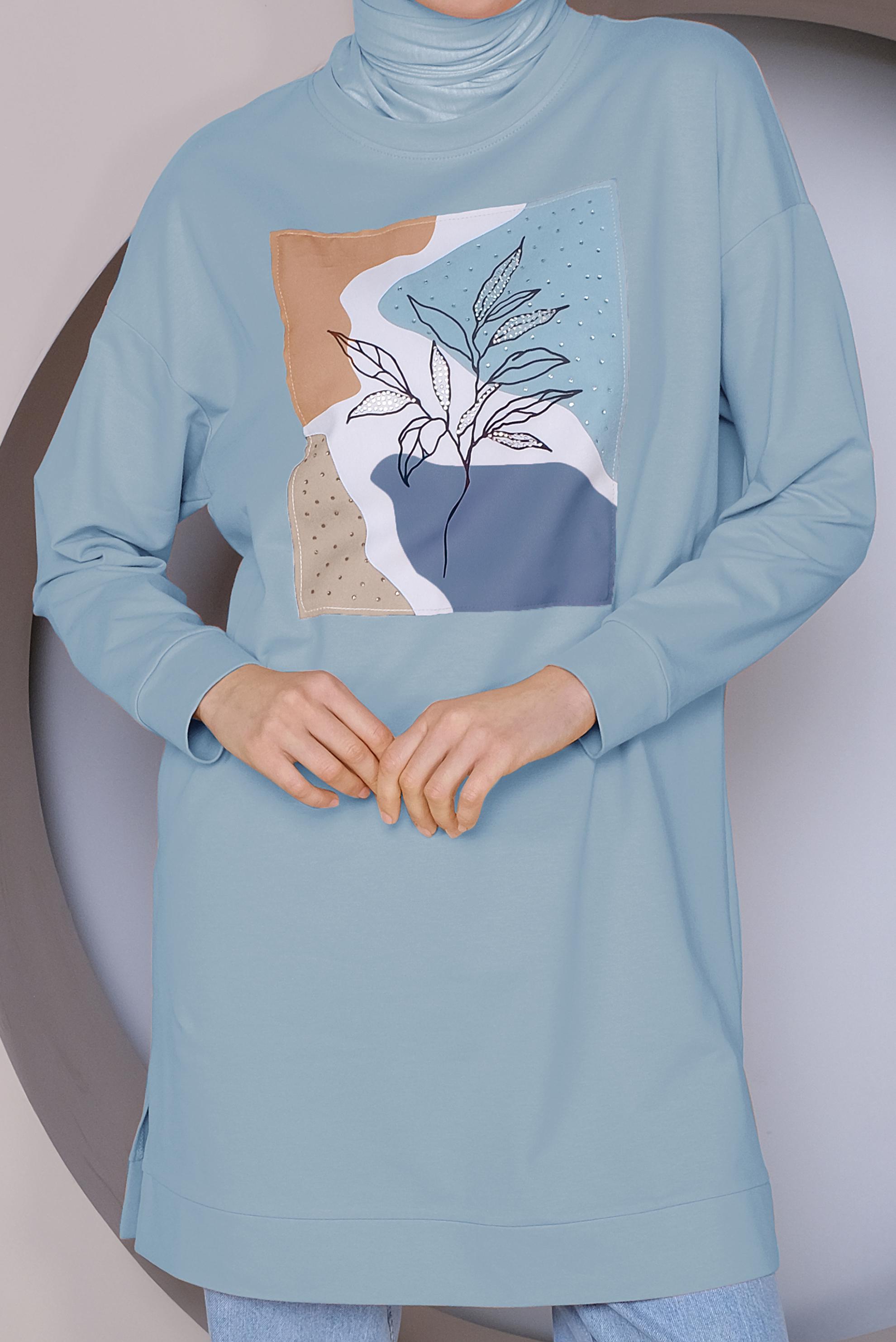 Tesettür giyim MAVİ BASKI DETAYLI EŞOFMAN TUNİK 41393