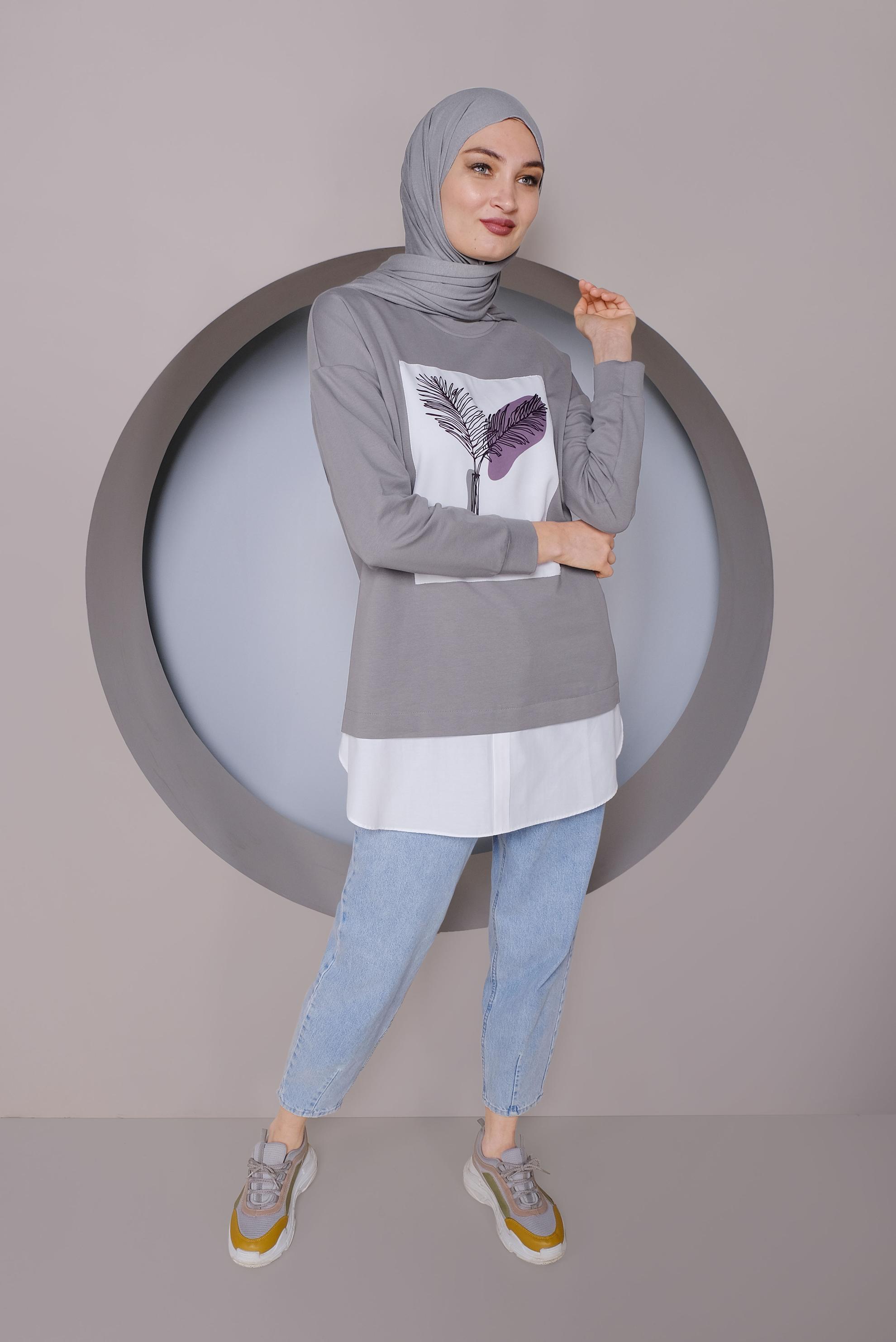 Tesettür giyim GRİ BASKI DETAYLI EŞOFMAN TUNİK 41394