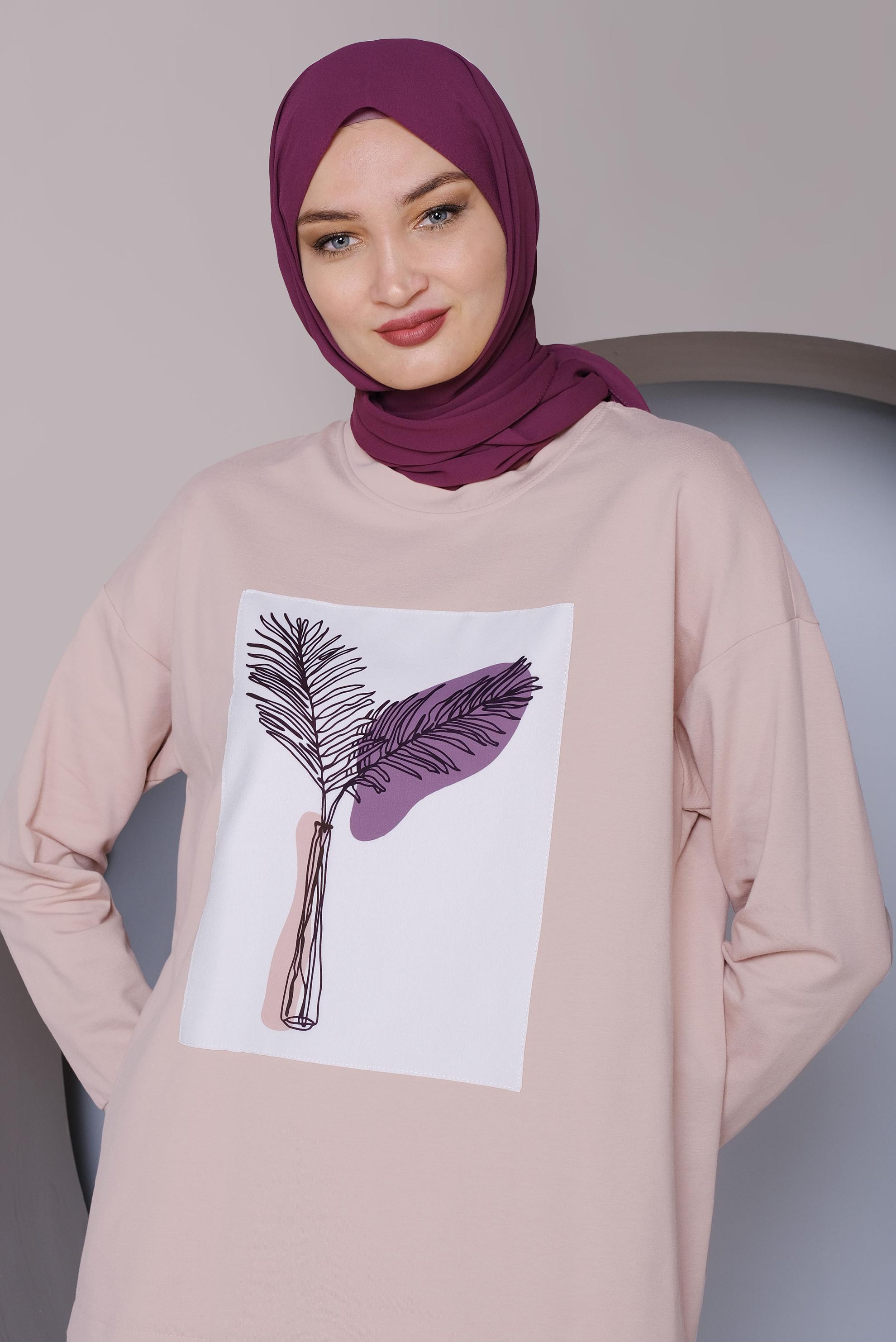 Tesettür giyim PUDRA BASKI DETAYLI EŞOFMAN TUNİK 41394