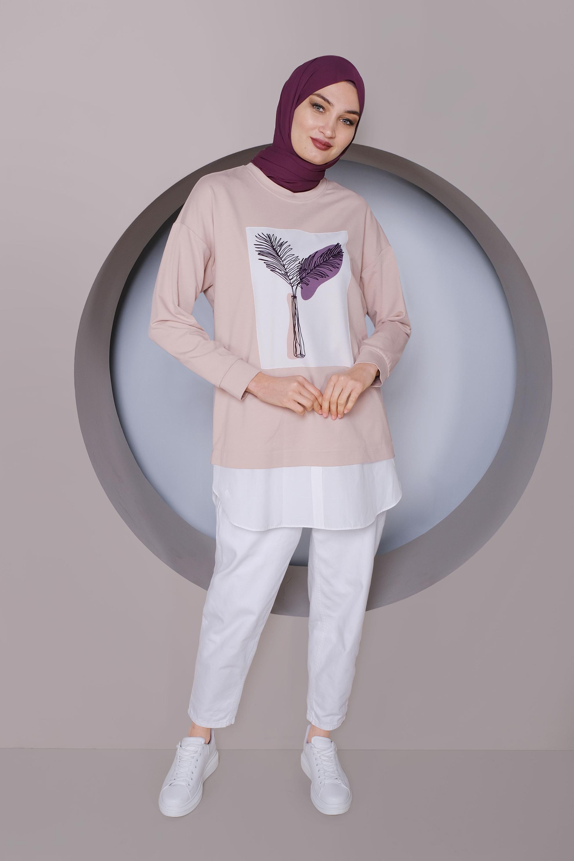 Tesettür giyim PUDRA BASKI DETAYLI EŞOFMAN TUNİK 41394