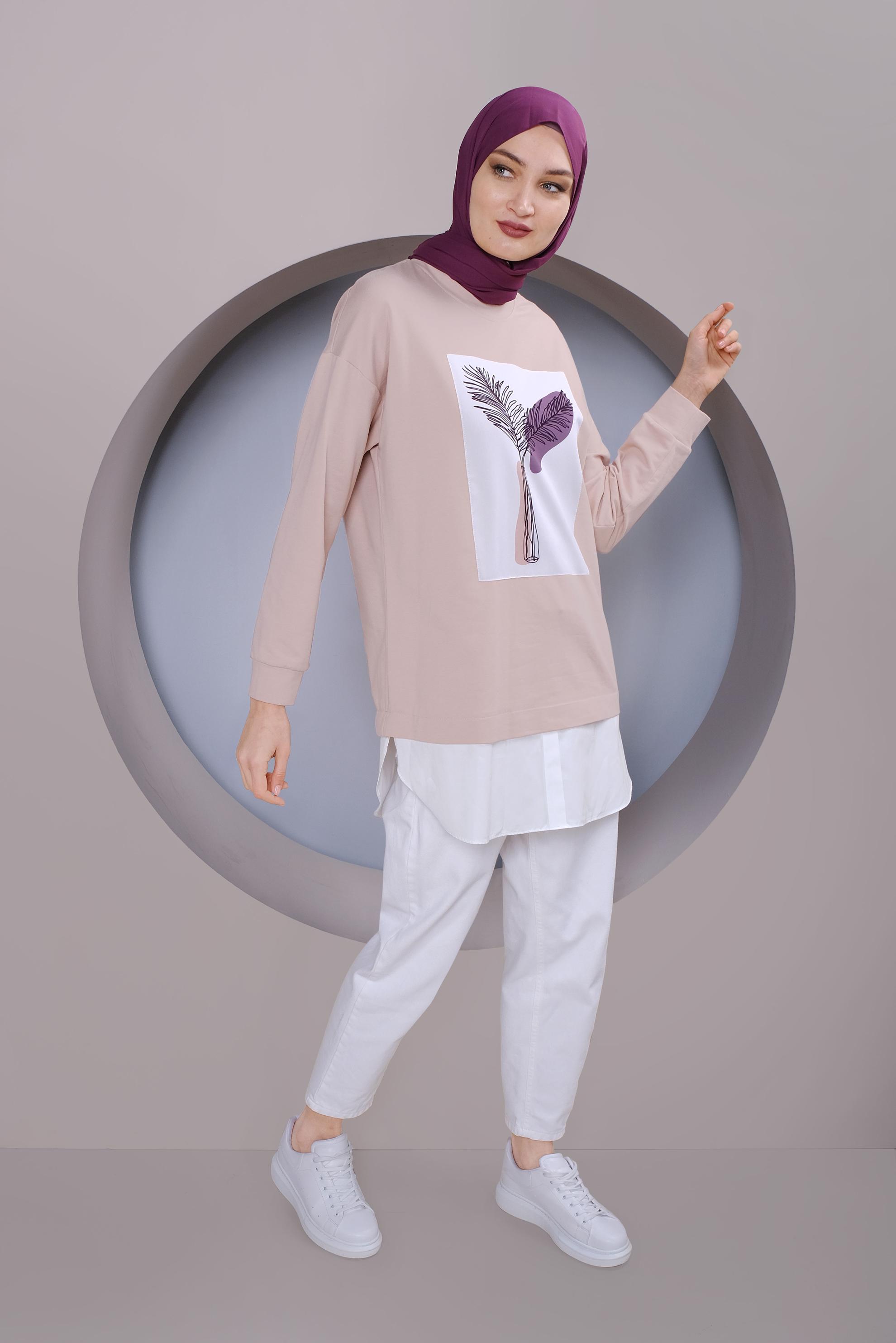 Tesettür giyim PUDRA BASKI DETAYLI EŞOFMAN TUNİK 41394