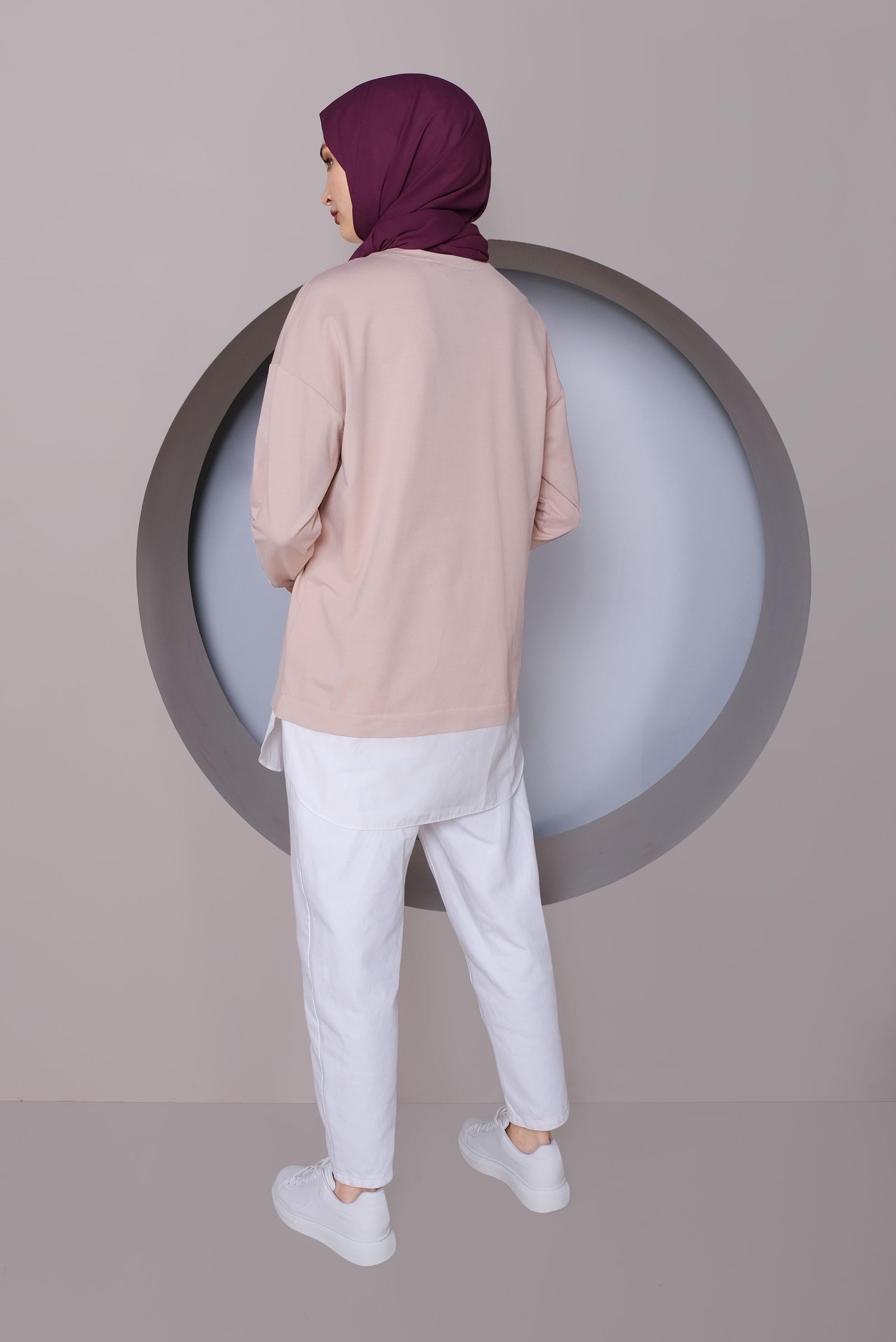 Tesettür giyim PUDRA BASKI DETAYLI EŞOFMAN TUNİK 41394