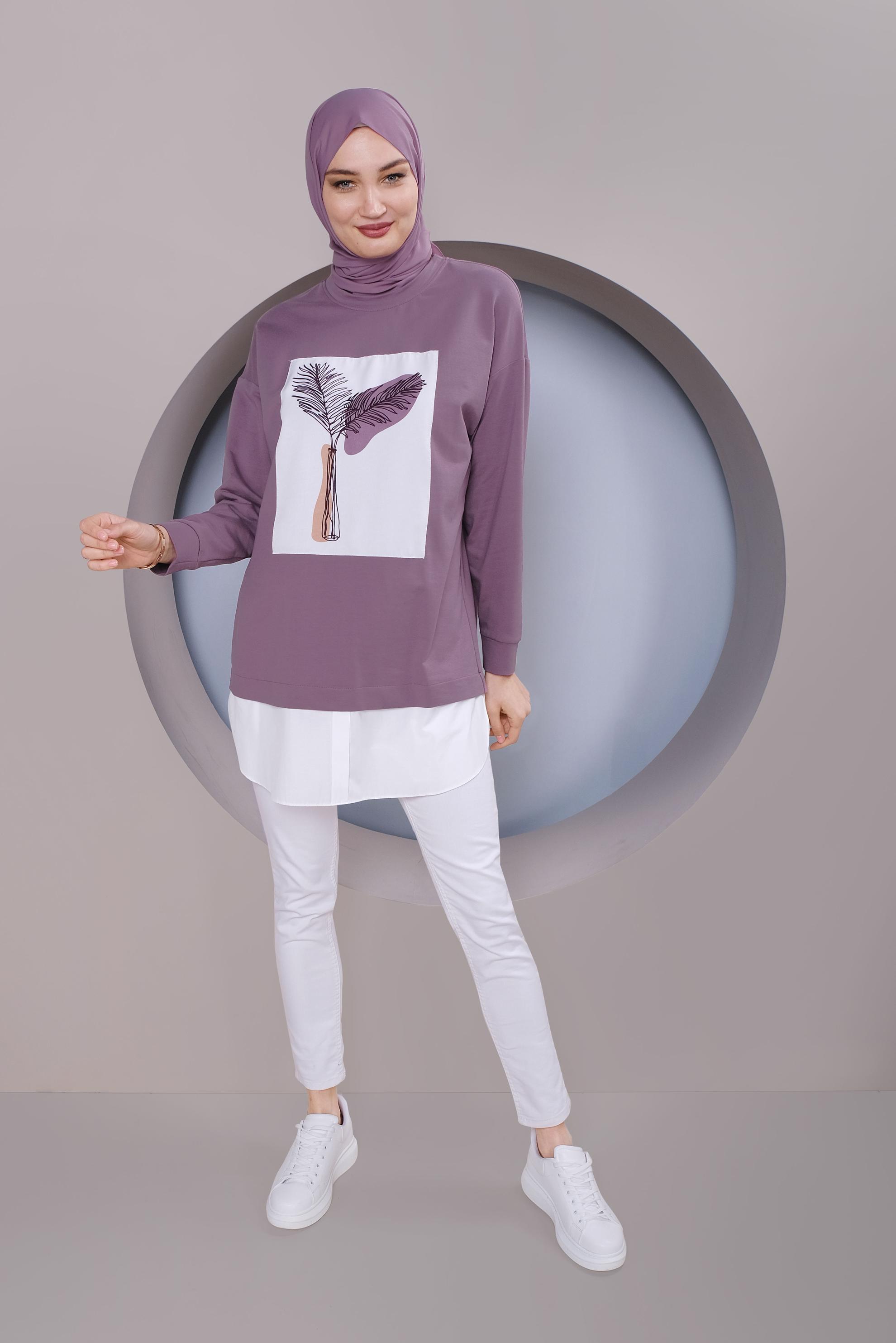 Tesettür giyim MOR BASKI DETAYLI EŞOFMAN TUNİK 41394