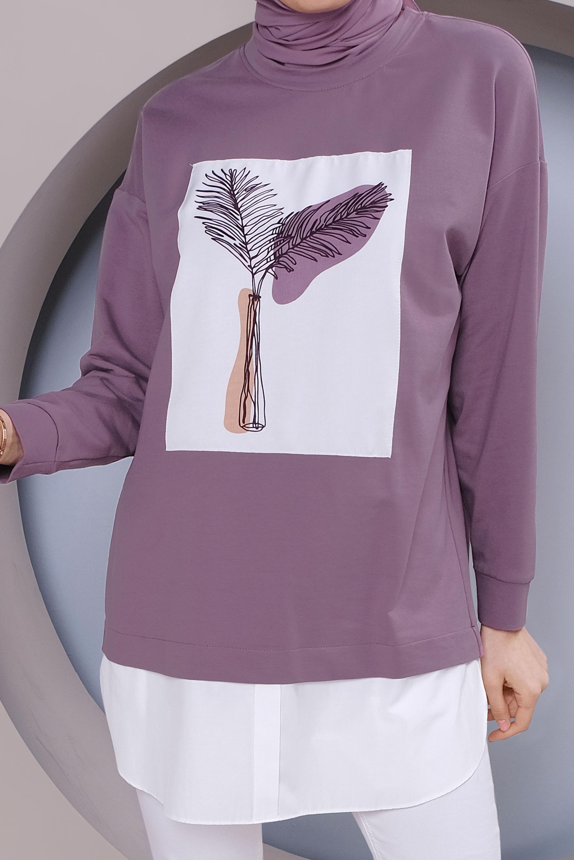 Tesettür giyim MOR BASKI DETAYLI EŞOFMAN TUNİK 41394