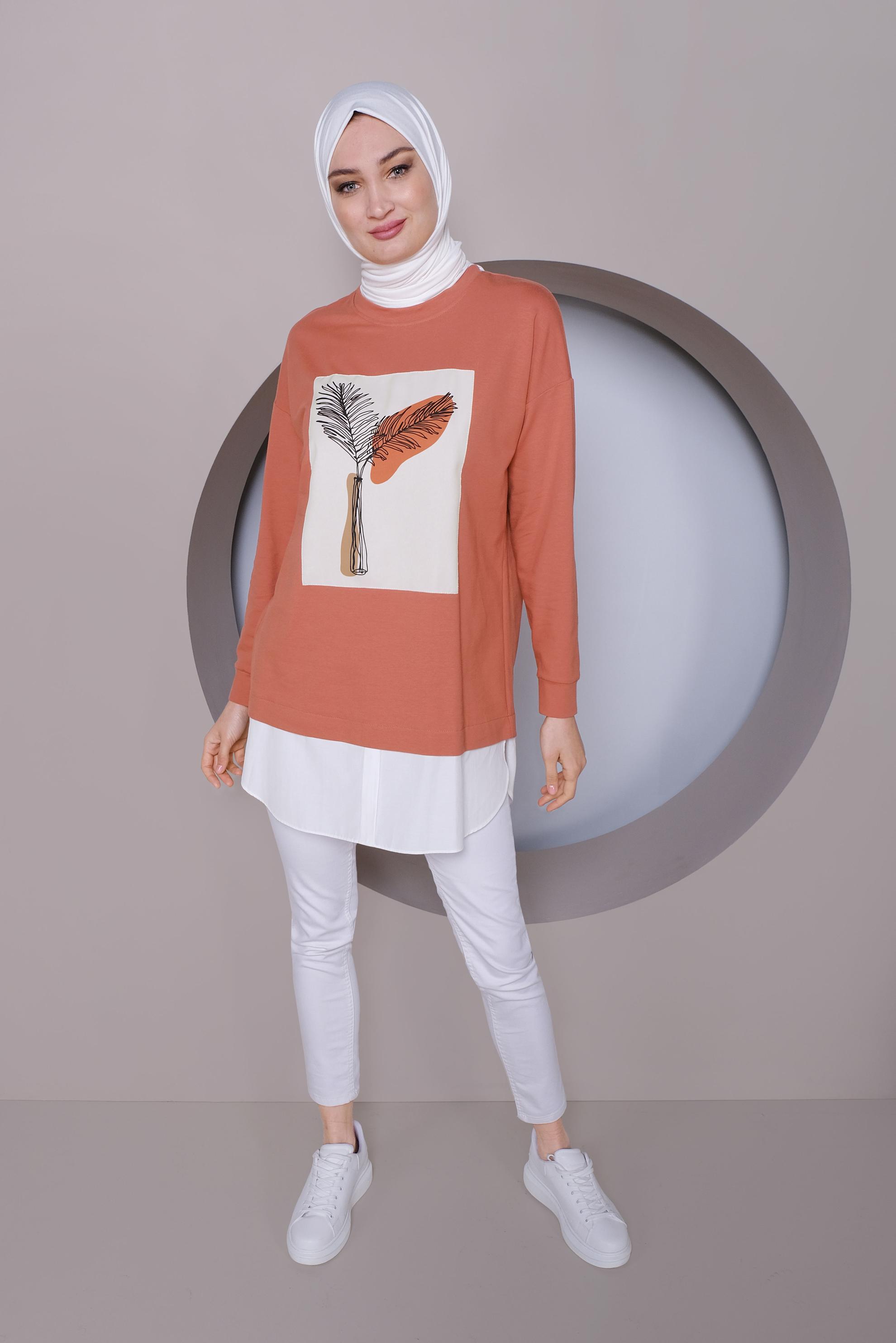 Tesettür giyim TURUNCU BASKI DETAYLI EŞOFMAN TUNİK 41394