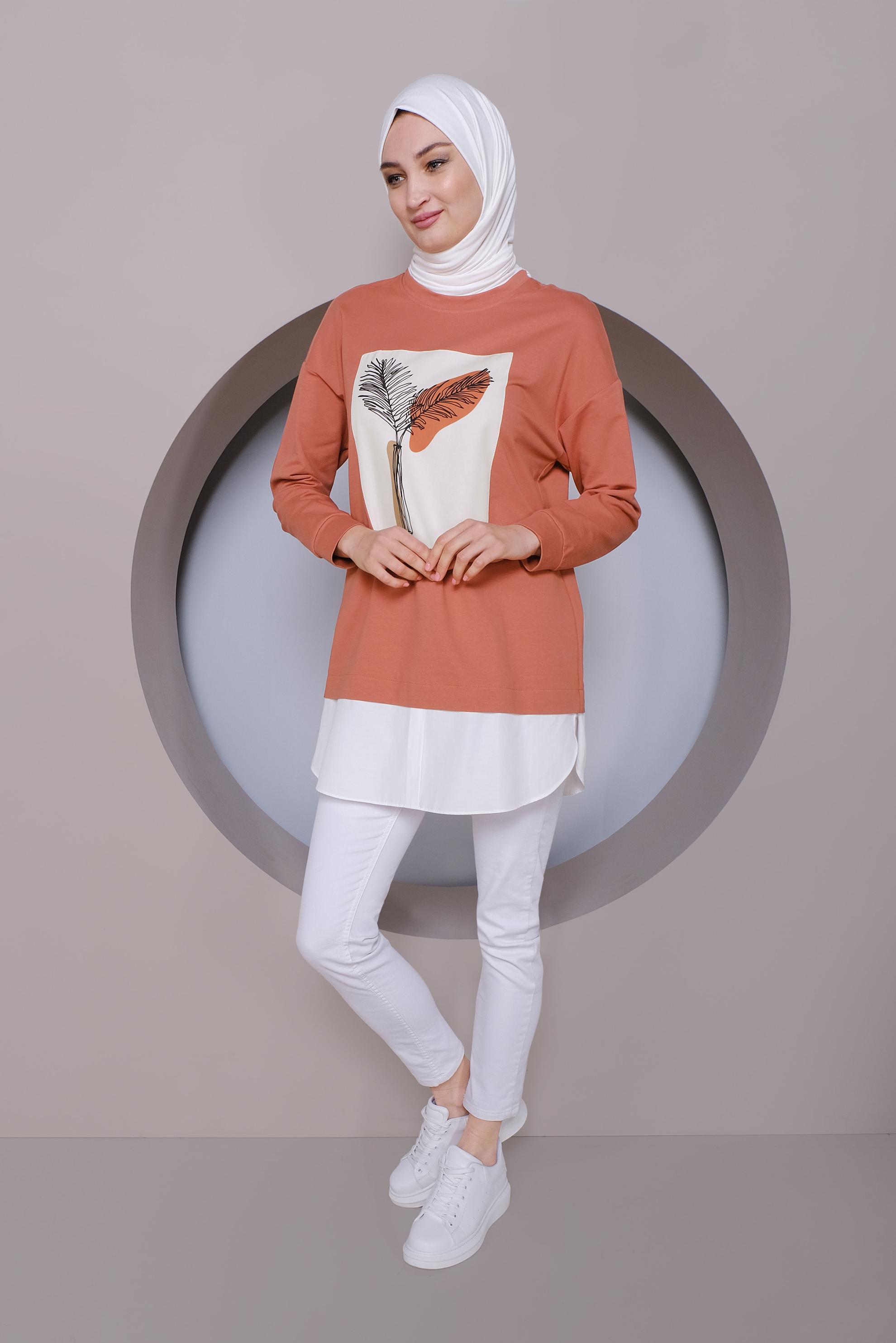 Tesettür giyim TURUNCU BASKI DETAYLI EŞOFMAN TUNİK 41394