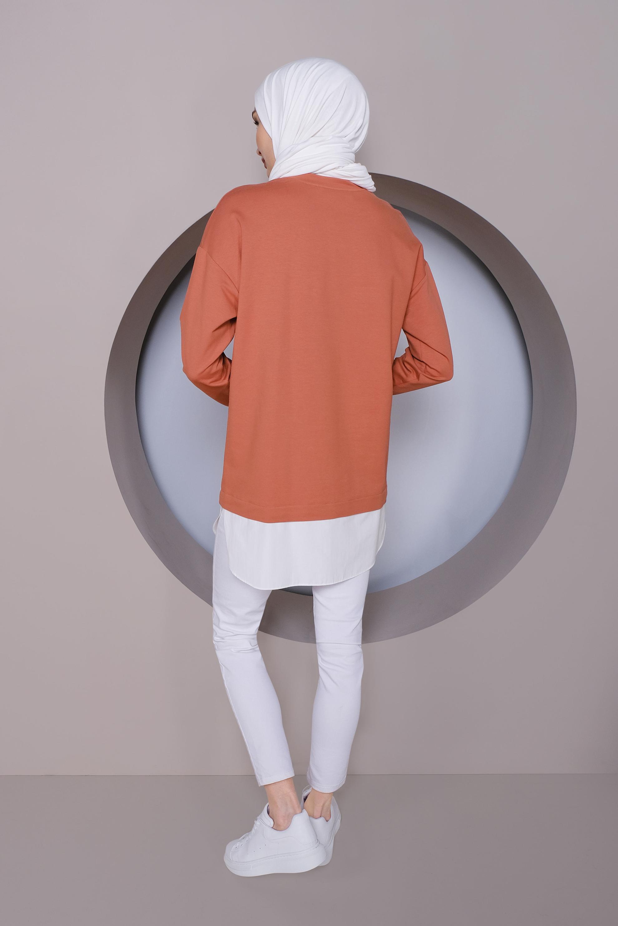 Tesettür giyim TURUNCU BASKI DETAYLI EŞOFMAN TUNİK 41394