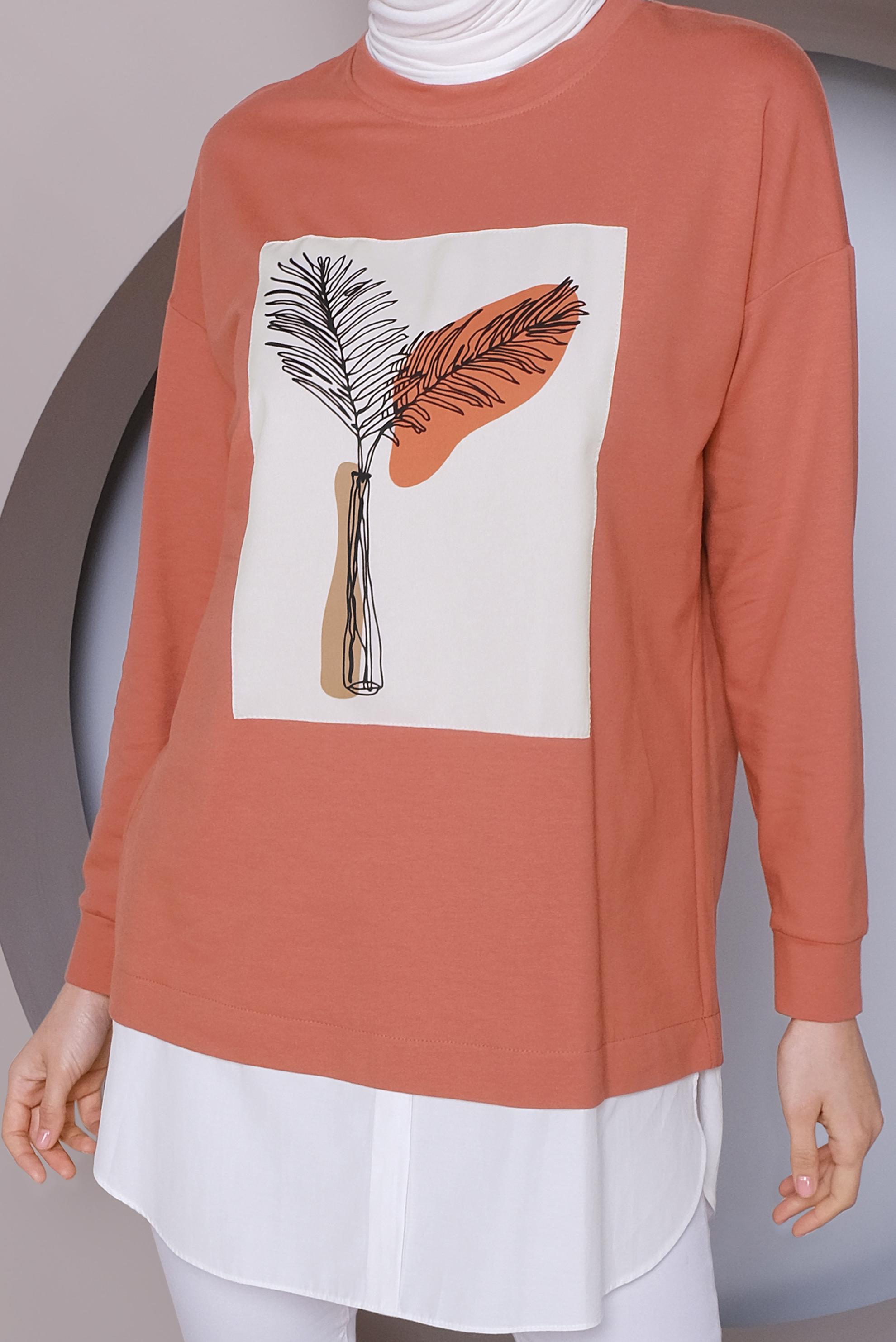 Tesettür giyim TURUNCU BASKI DETAYLI EŞOFMAN TUNİK 41394