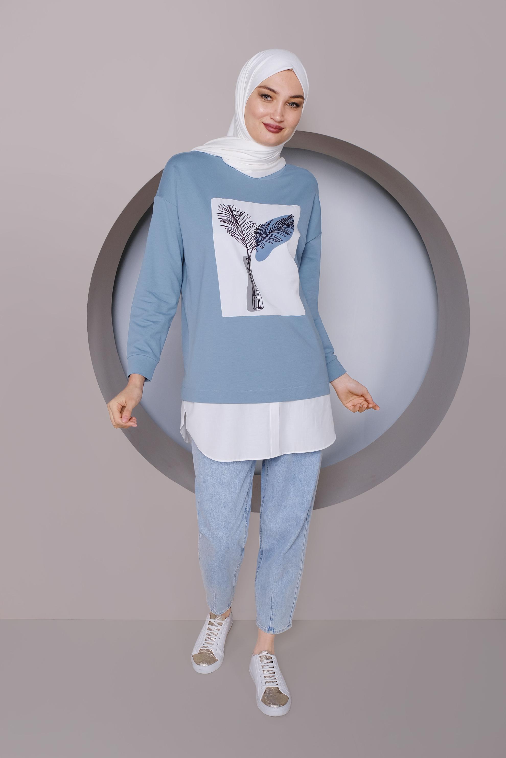Tesettür giyim MAVİ BASKI DETAYLI EŞOFMAN TUNİK 41394