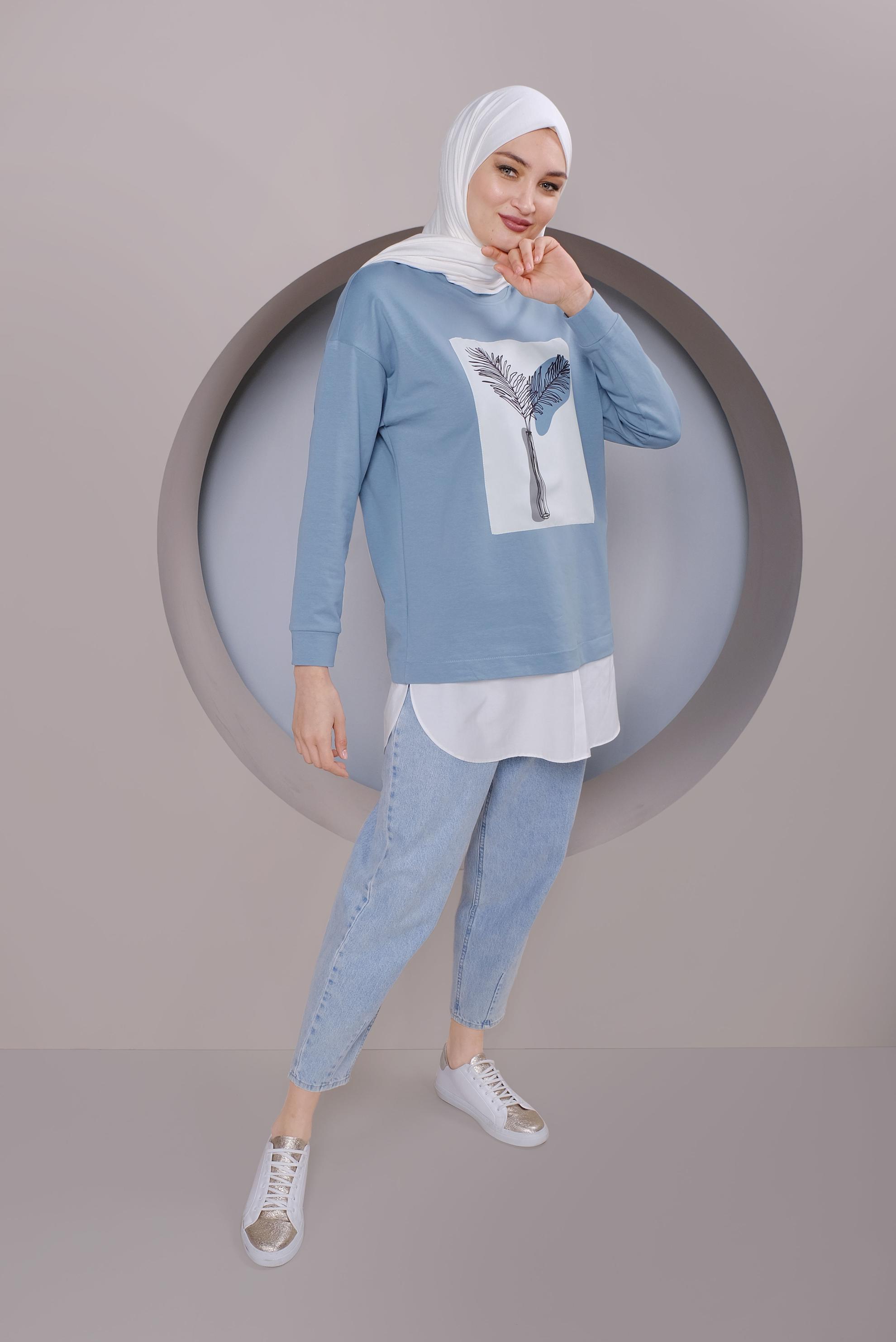 Tesettür giyim MAVİ BASKI DETAYLI EŞOFMAN TUNİK 41394