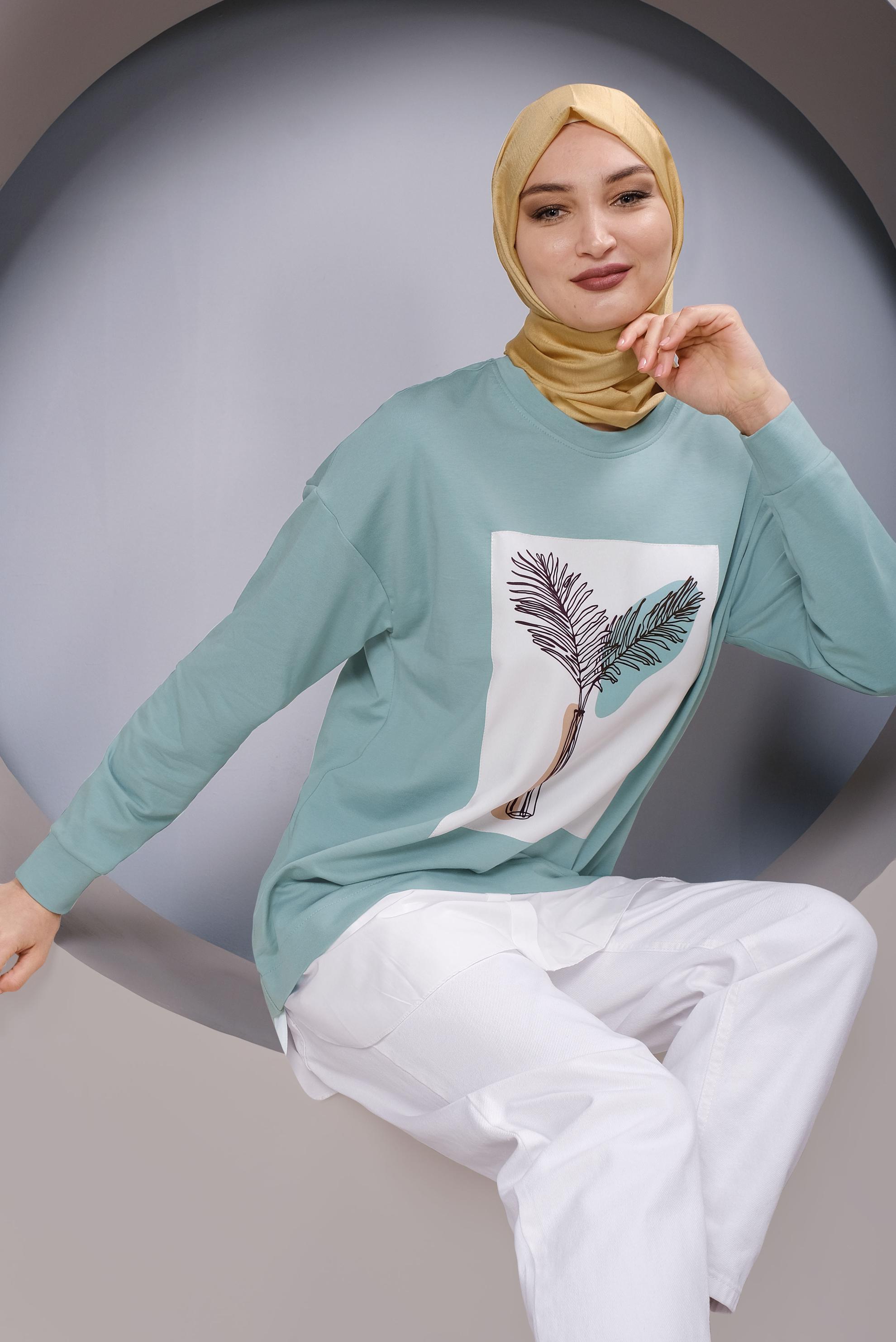 Tesettür giyim YEŞİL BASKI DETAYLI EŞOFMAN TUNİK 41394