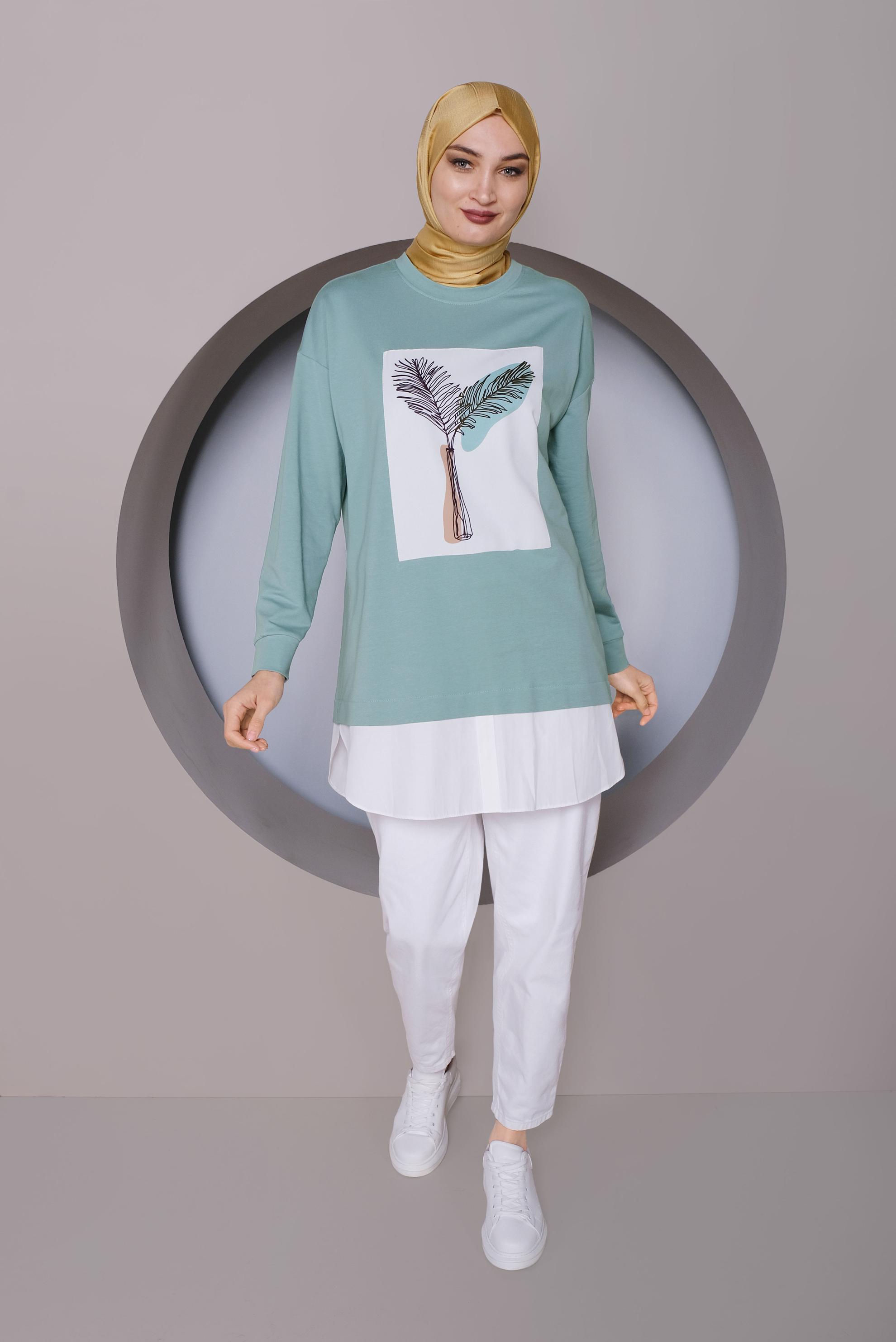 Tesettür giyim YEŞİL BASKI DETAYLI EŞOFMAN TUNİK 41394