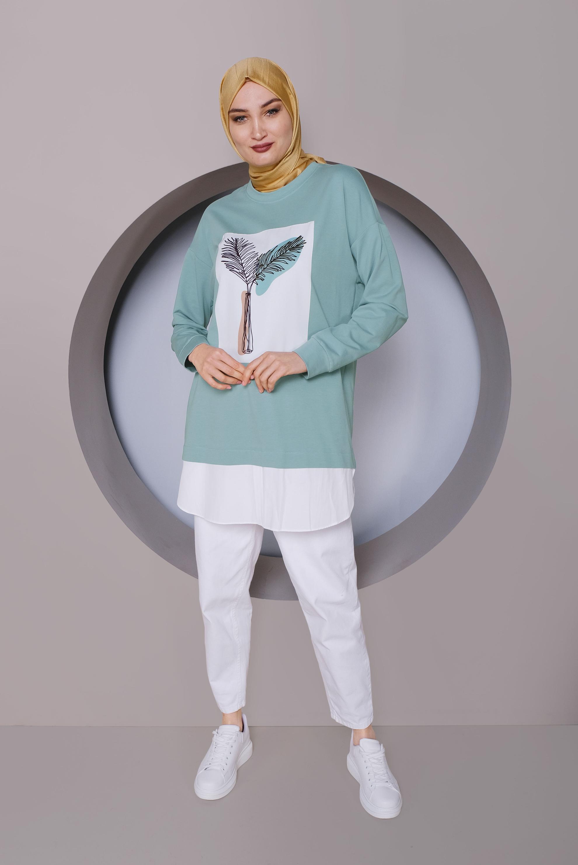 Tesettür giyim YEŞİL BASKI DETAYLI EŞOFMAN TUNİK 41394