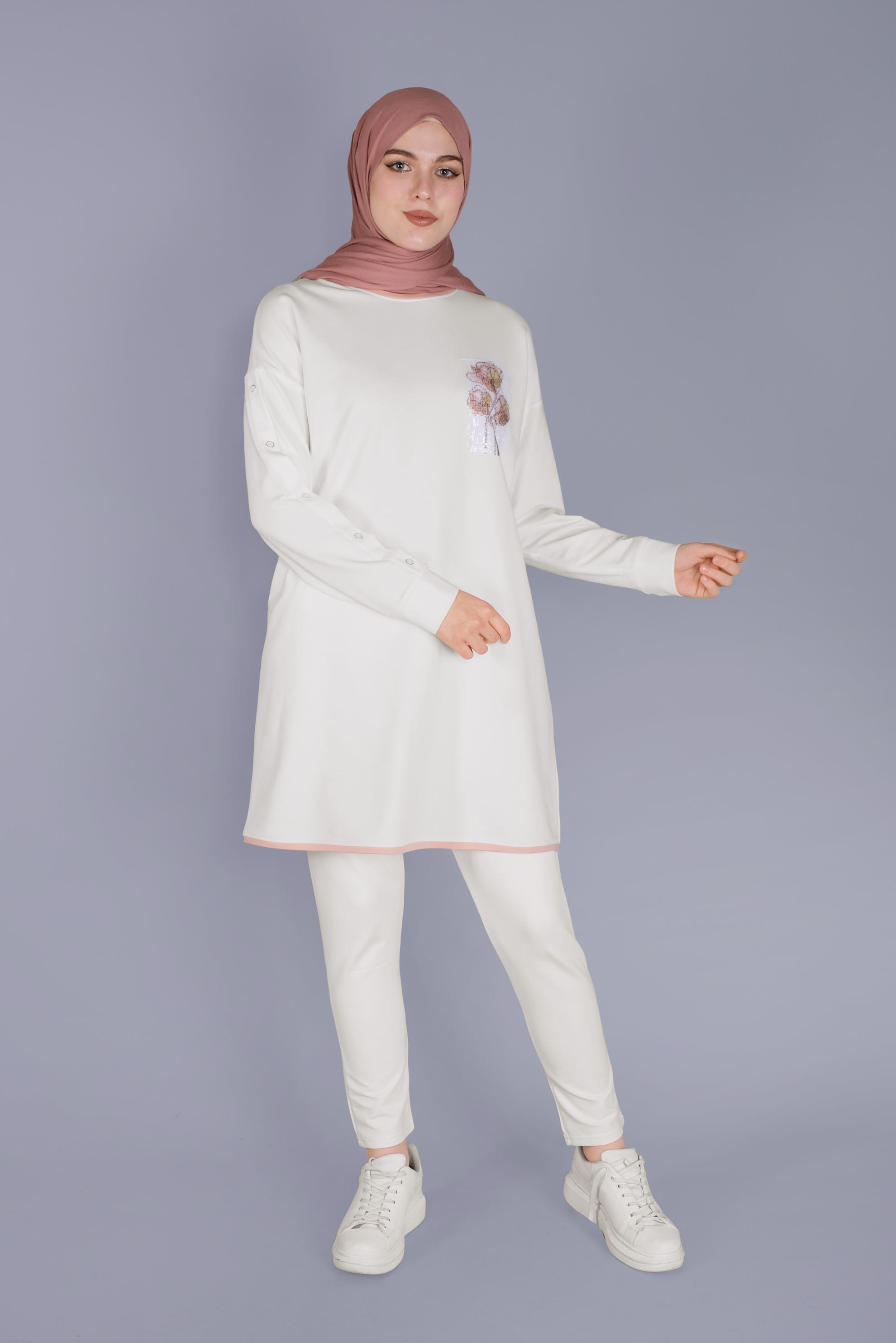 Tesettür giyim BEJ PUL ÇİÇEK DETAYLI EŞOFMAN TUNİK  41395