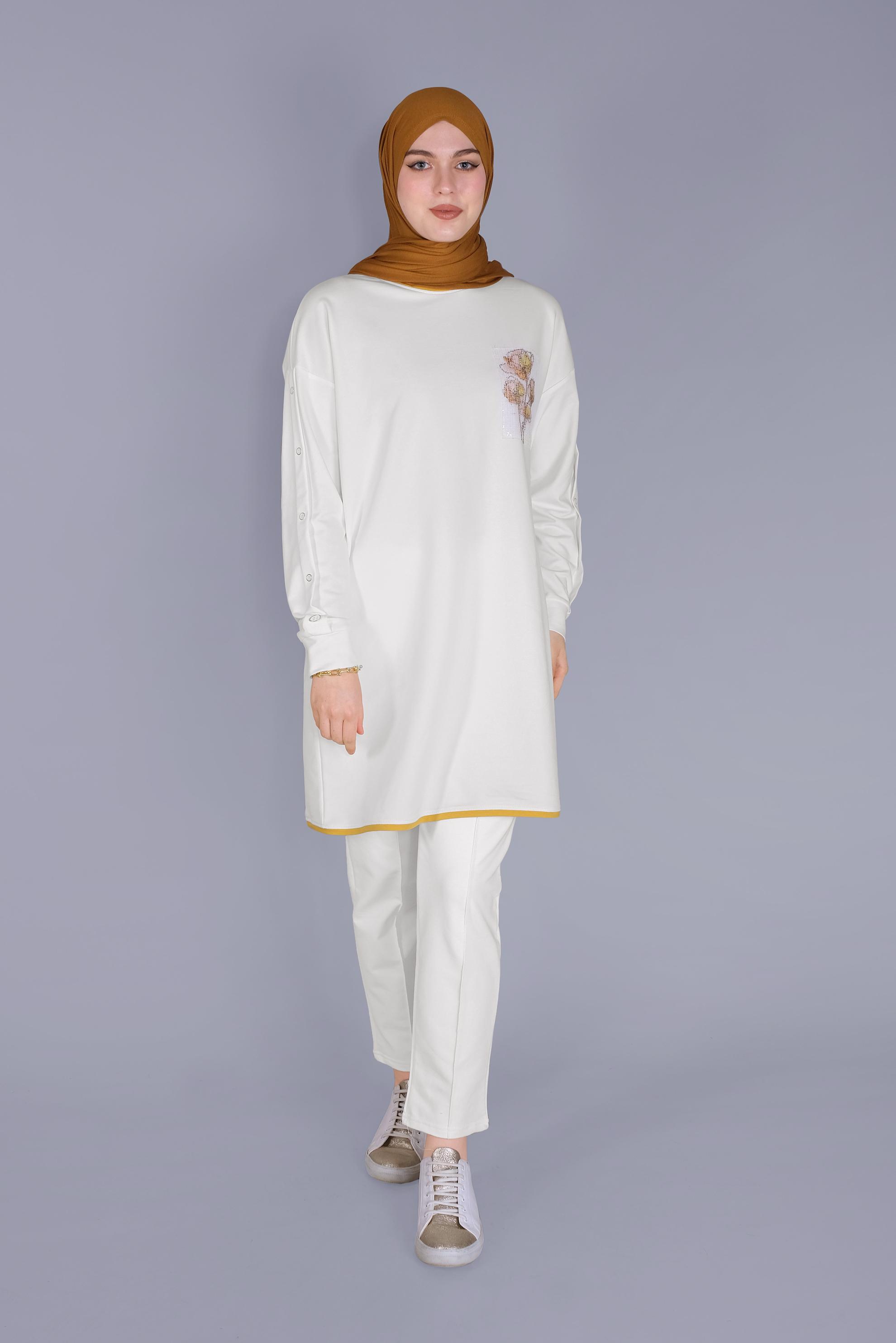 Tesettür giyim BEJ PUL ÇİÇEK DETAYLI EŞOFMAN TUNİK  41395