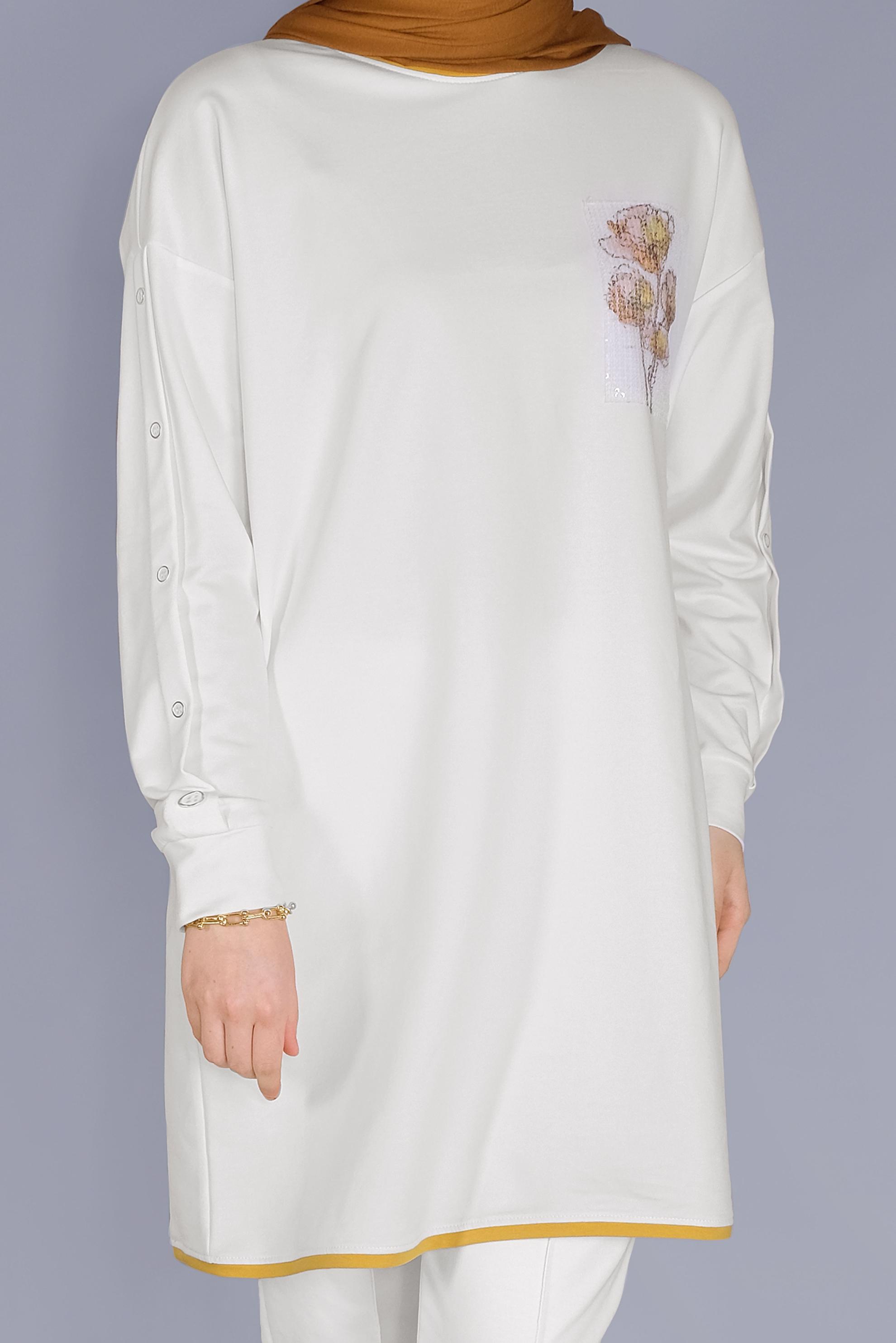 Tesettür giyim BEJ PUL ÇİÇEK DETAYLI EŞOFMAN TUNİK  41395