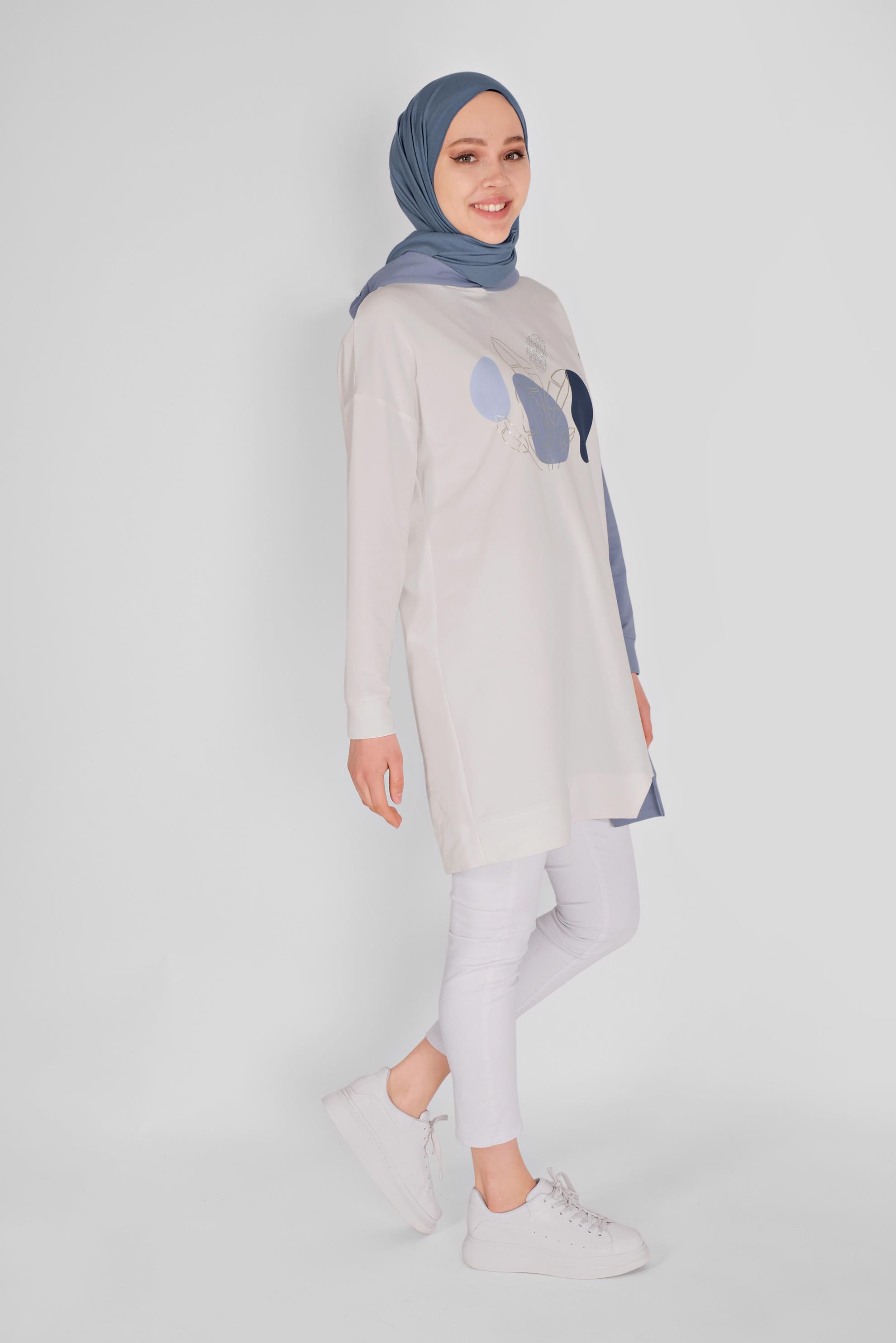 Tesettür giyim MAVİ BASKI DETAYLI İKİ RENKLİ EŞOFMAN TUNİK 41396 