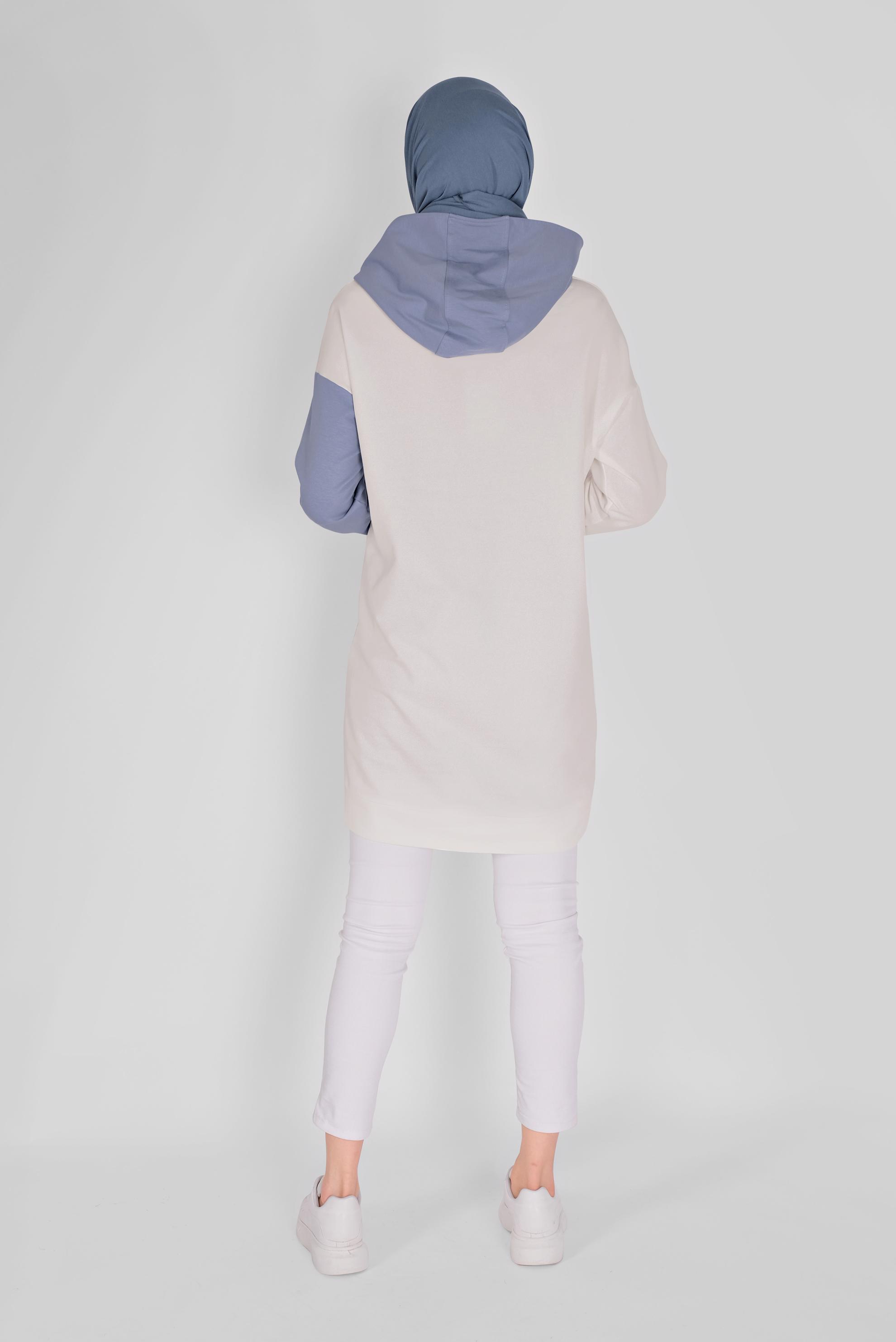 Tesettür giyim MAVİ BASKI DETAYLI İKİ RENKLİ EŞOFMAN TUNİK 41396 