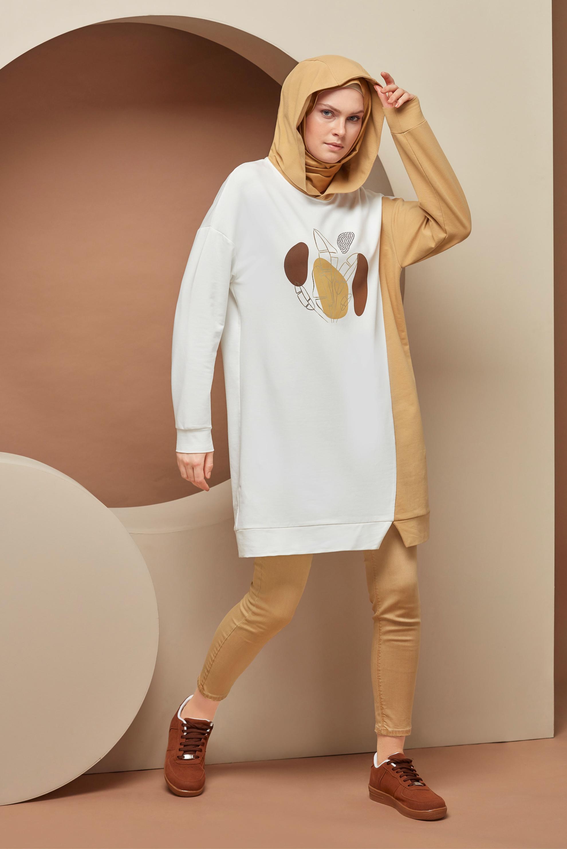 Tesettür giyim KAHVE BASKI DETAYLI İKİ RENKLİ EŞOFMAN TUNİK 41396 