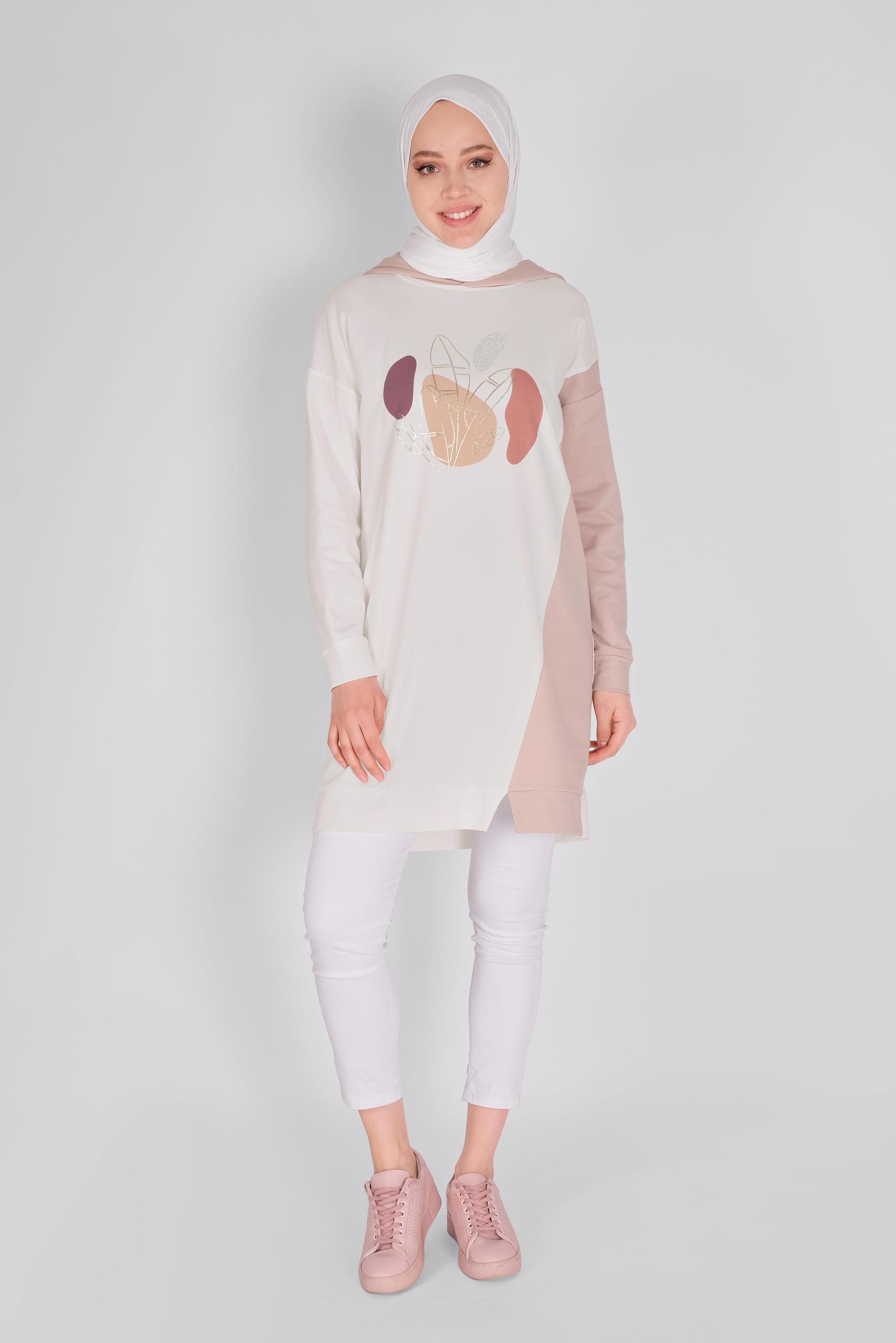 Tesettür giyim PUDRA BASKI DETAYLI İKİ RENKLİ EŞOFMAN TUNİK 41396 