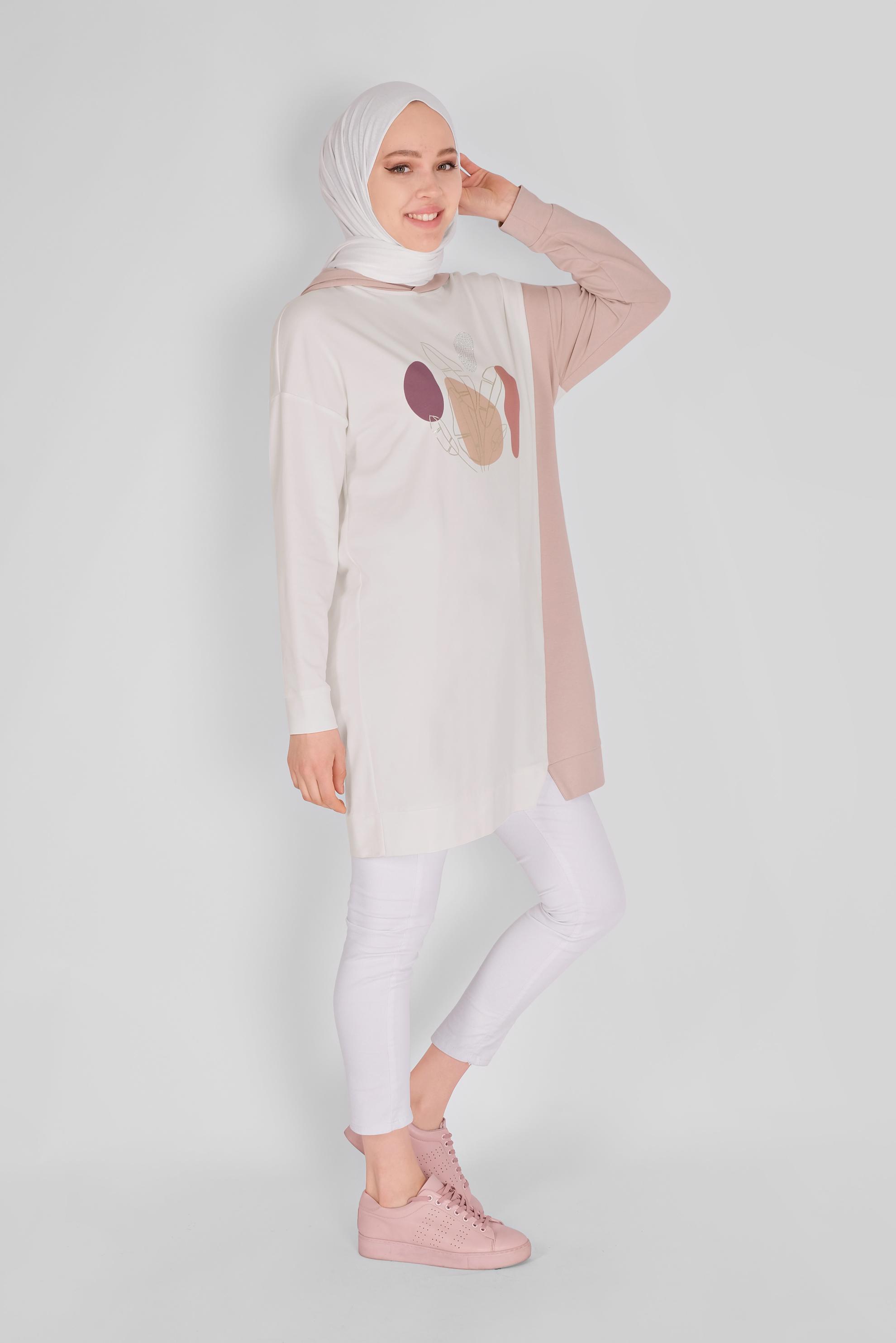 Tesettür giyim PUDRA BASKI DETAYLI İKİ RENKLİ EŞOFMAN TUNİK 41396 