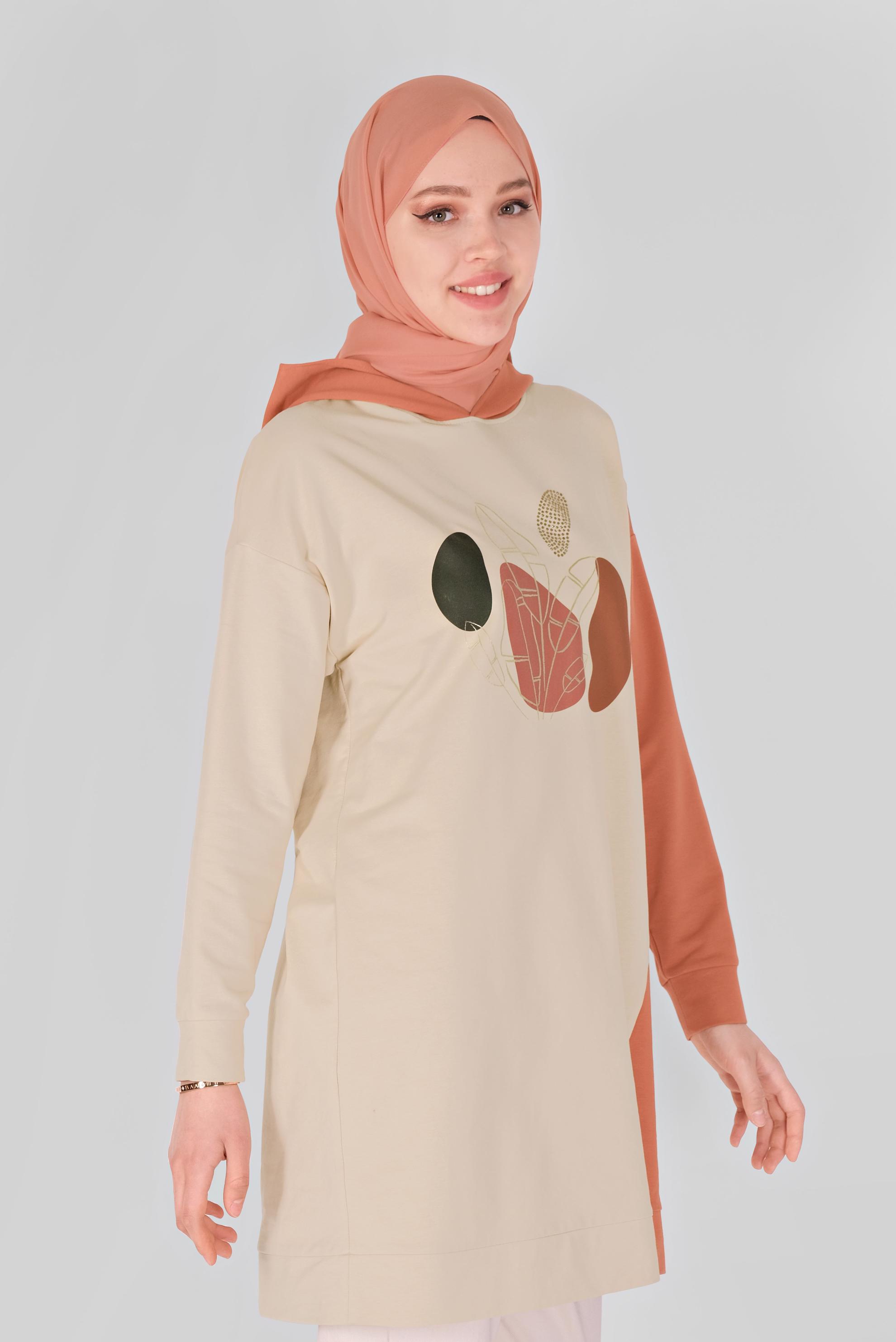 Tesettür giyim TURUNCU BASKI DETAYLI İKİ RENKLİ EŞOFMAN TUNİK 41396 