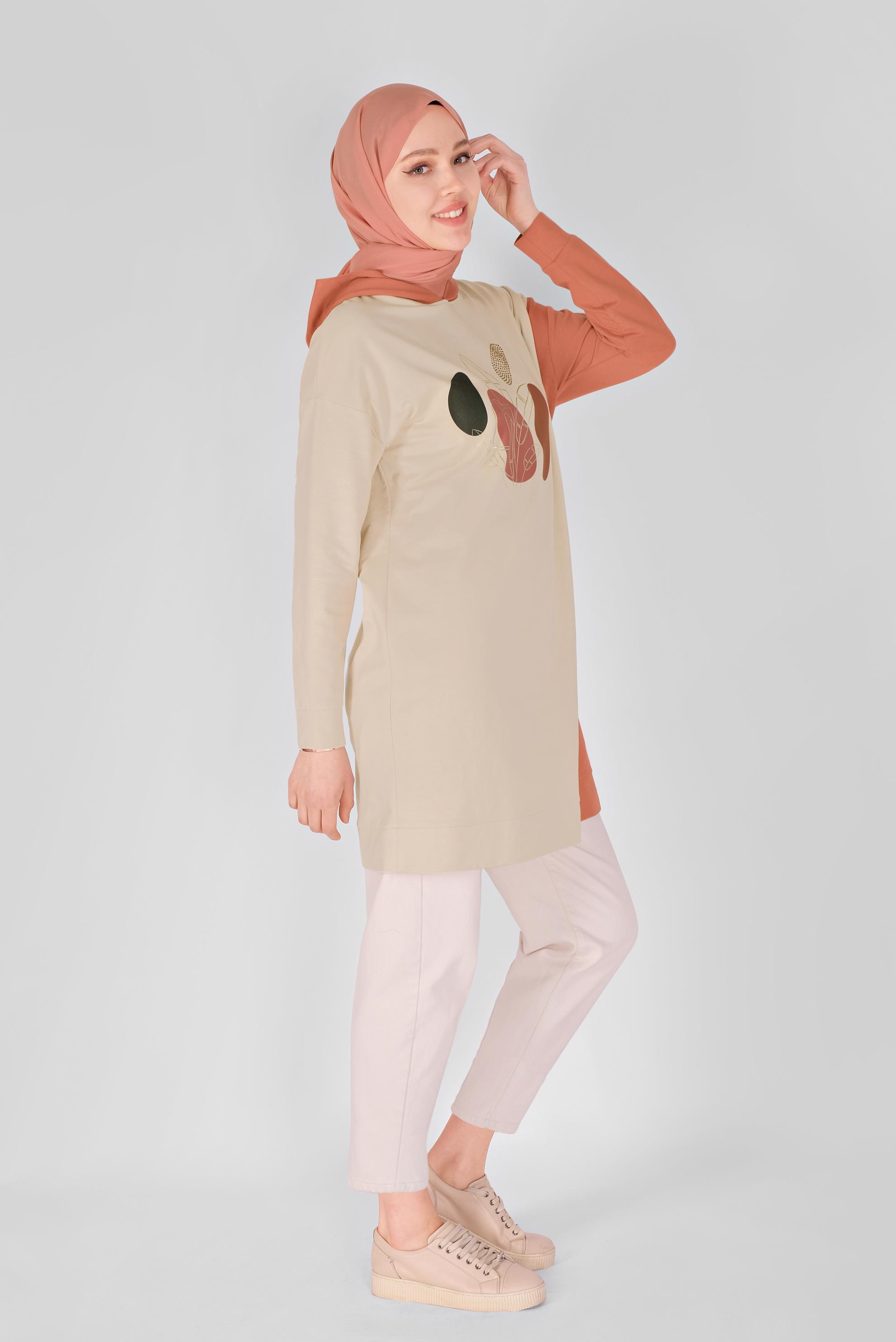 Tesettür giyim TURUNCU BASKI DETAYLI İKİ RENKLİ EŞOFMAN TUNİK 41396 