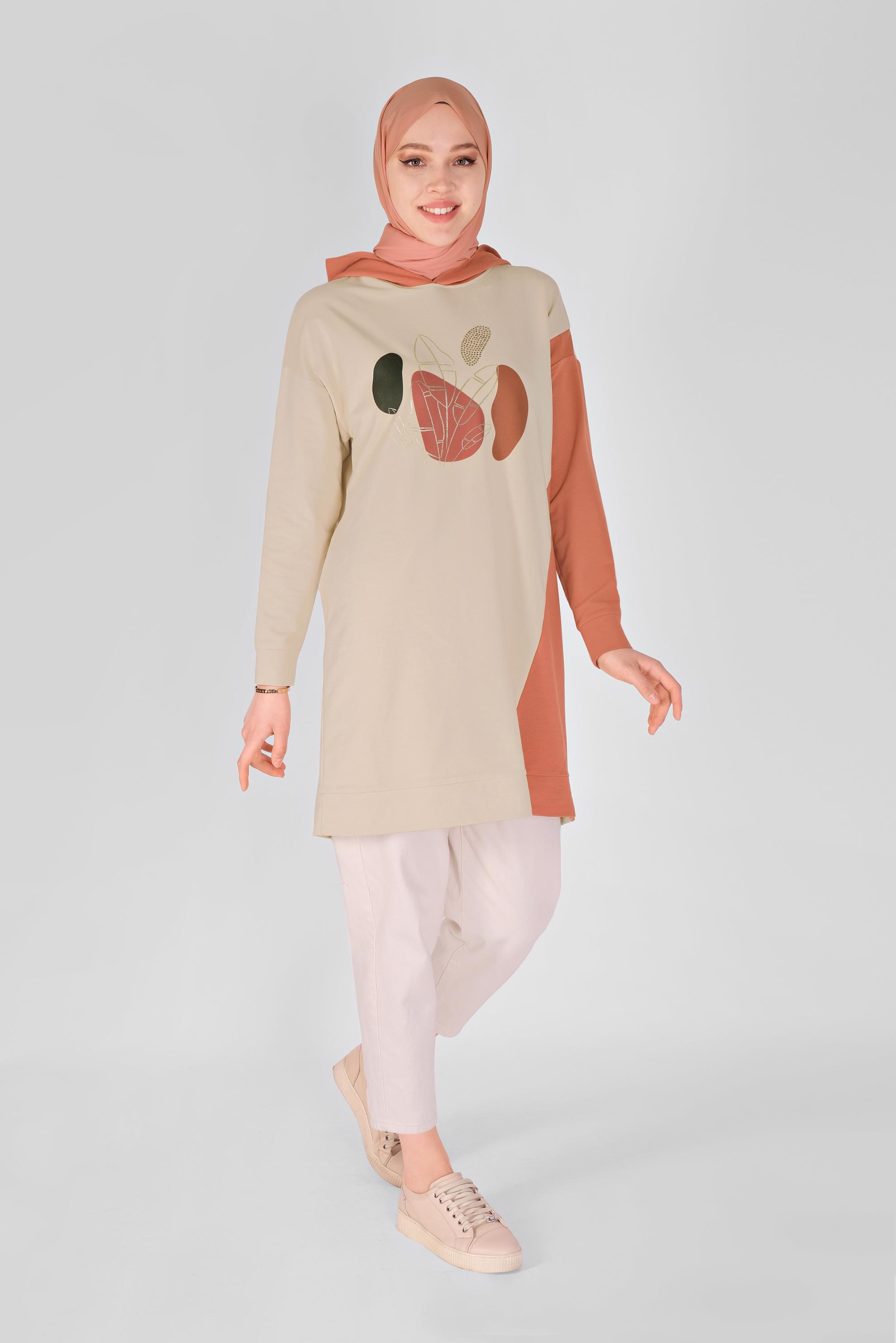 Tesettür giyim TURUNCU BASKI DETAYLI İKİ RENKLİ EŞOFMAN TUNİK 41396 