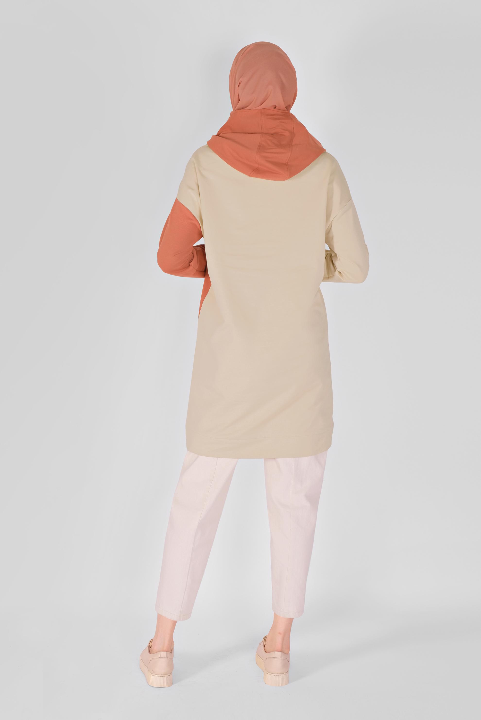 Tesettür giyim TURUNCU BASKI DETAYLI İKİ RENKLİ EŞOFMAN TUNİK 41396 