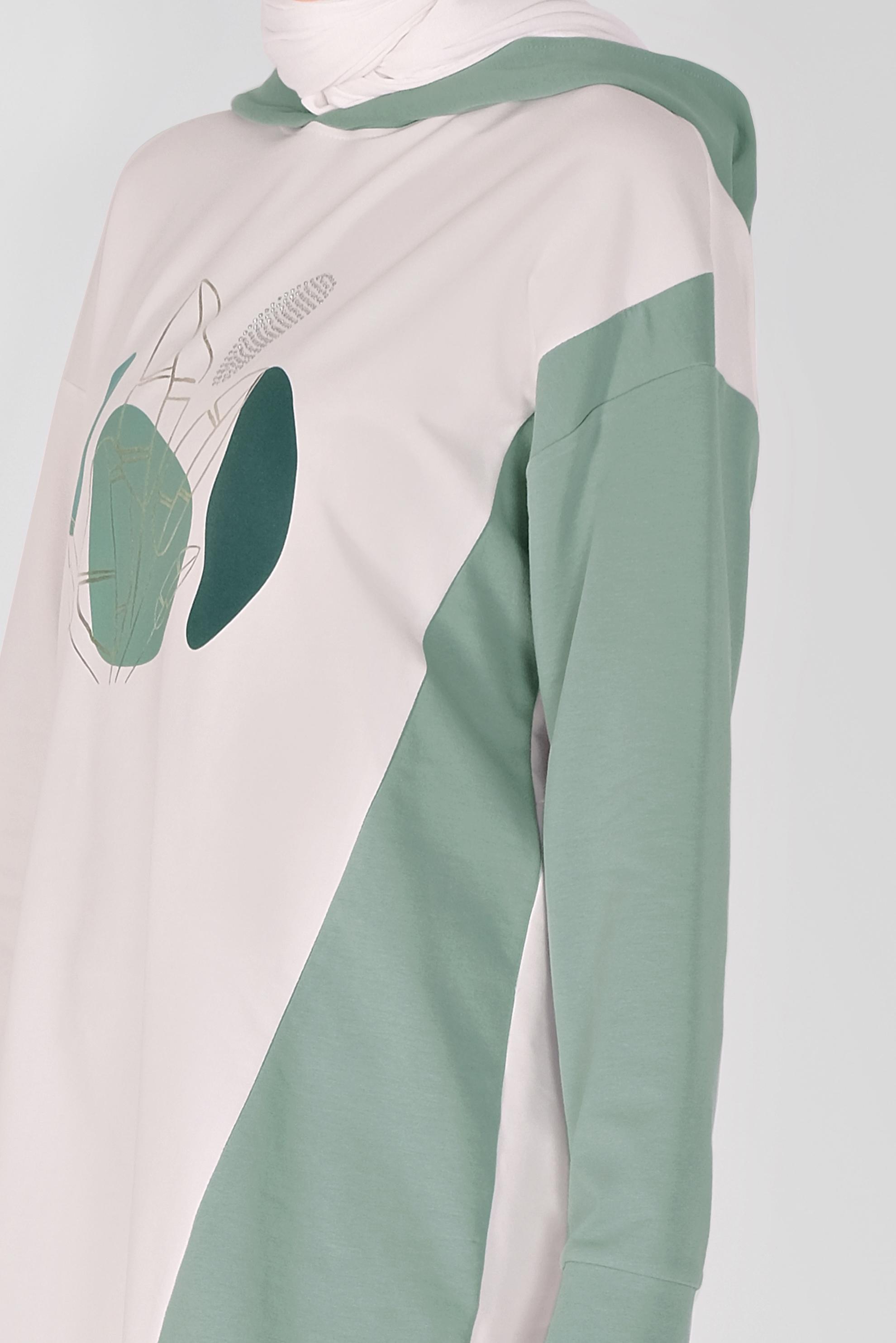 Tesettür giyim YEŞİL BASKI DETAYLI İKİ RENKLİ EŞOFMAN TUNİK 41396 