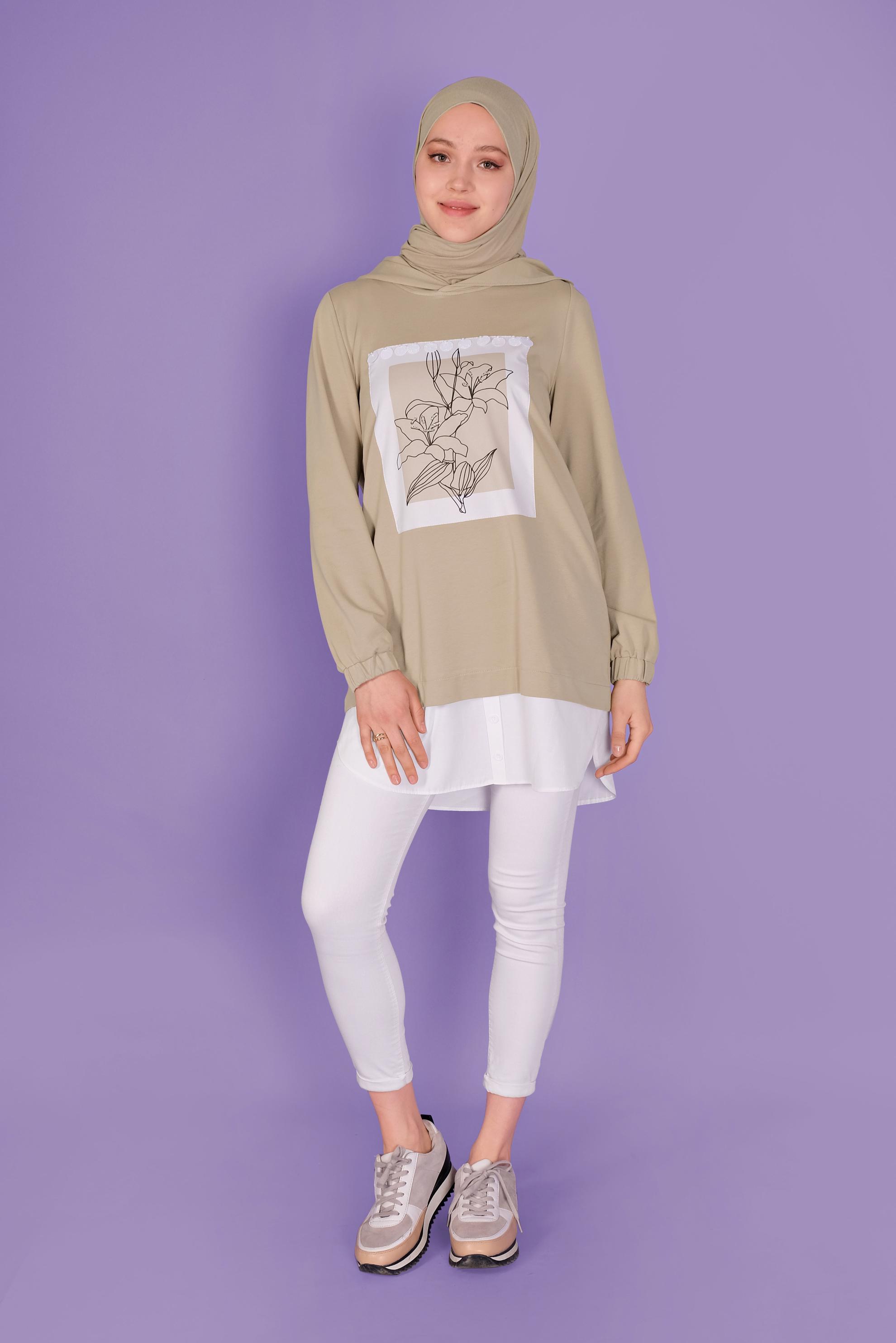 Tesettür giyim BEJ ÇİÇEK BASKILI EŞOFMAN TUNİK  41414 