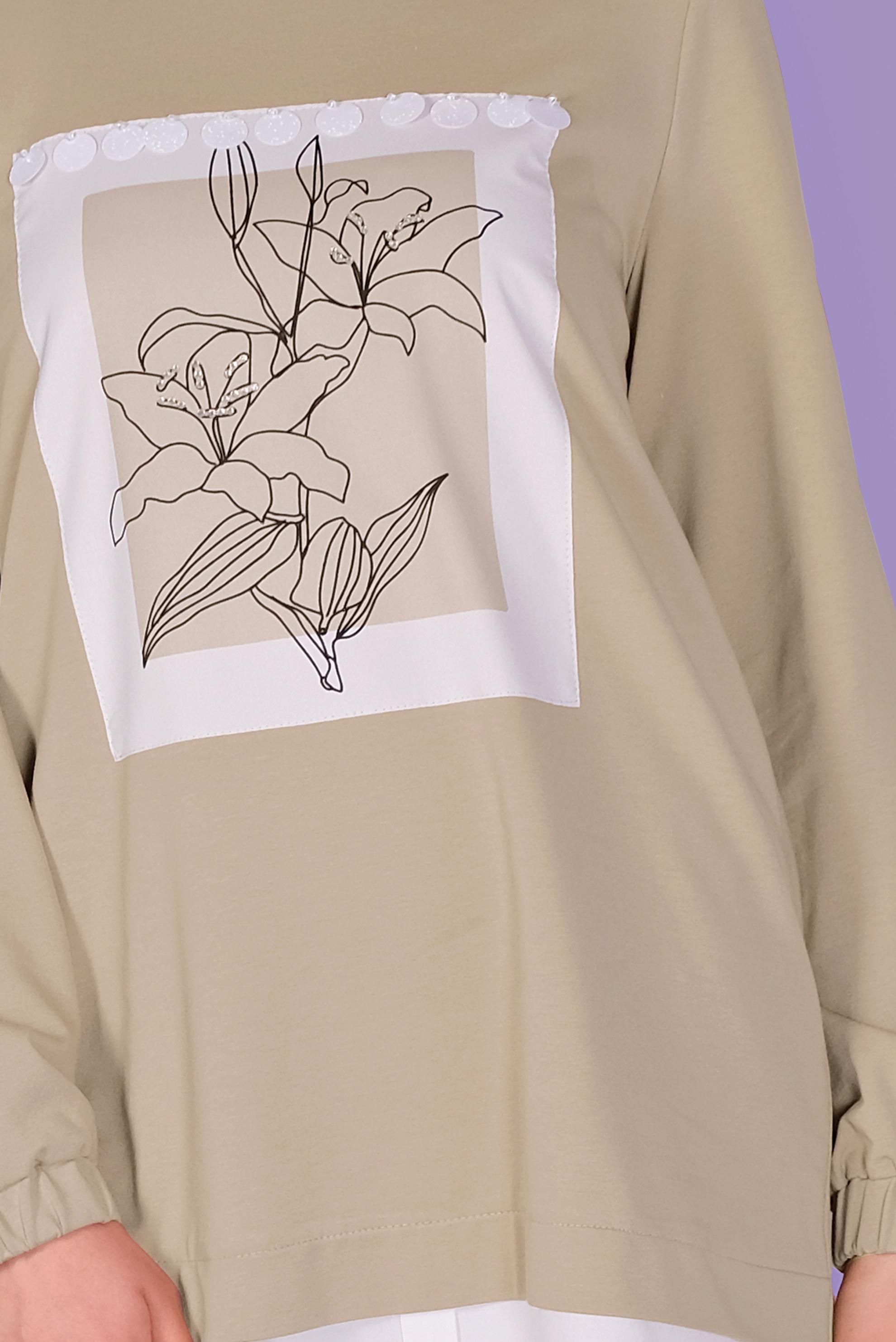 Tesettür giyim BEJ ÇİÇEK BASKILI EŞOFMAN TUNİK  41414 