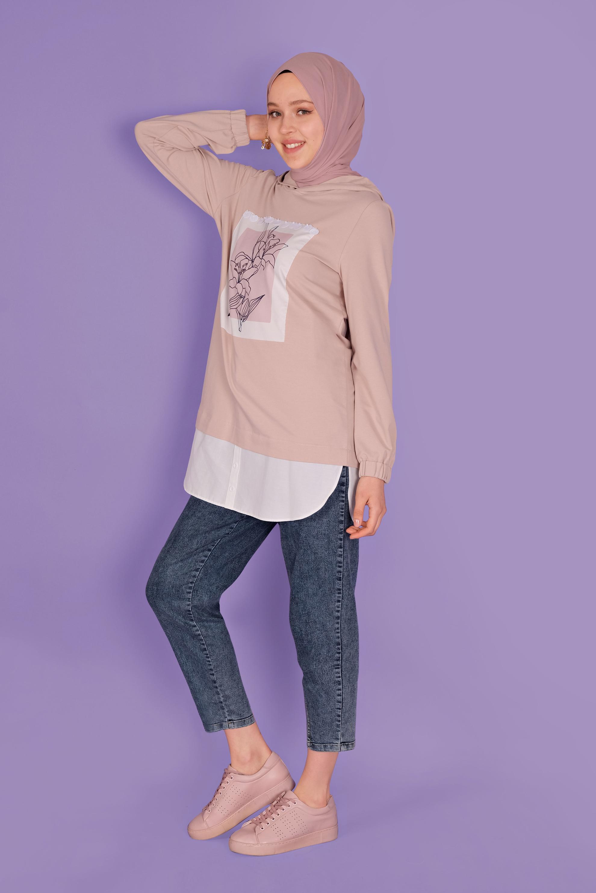 Tesettür giyim PUDRA ÇİÇEK BASKILI EŞOFMAN TUNİK  41414 