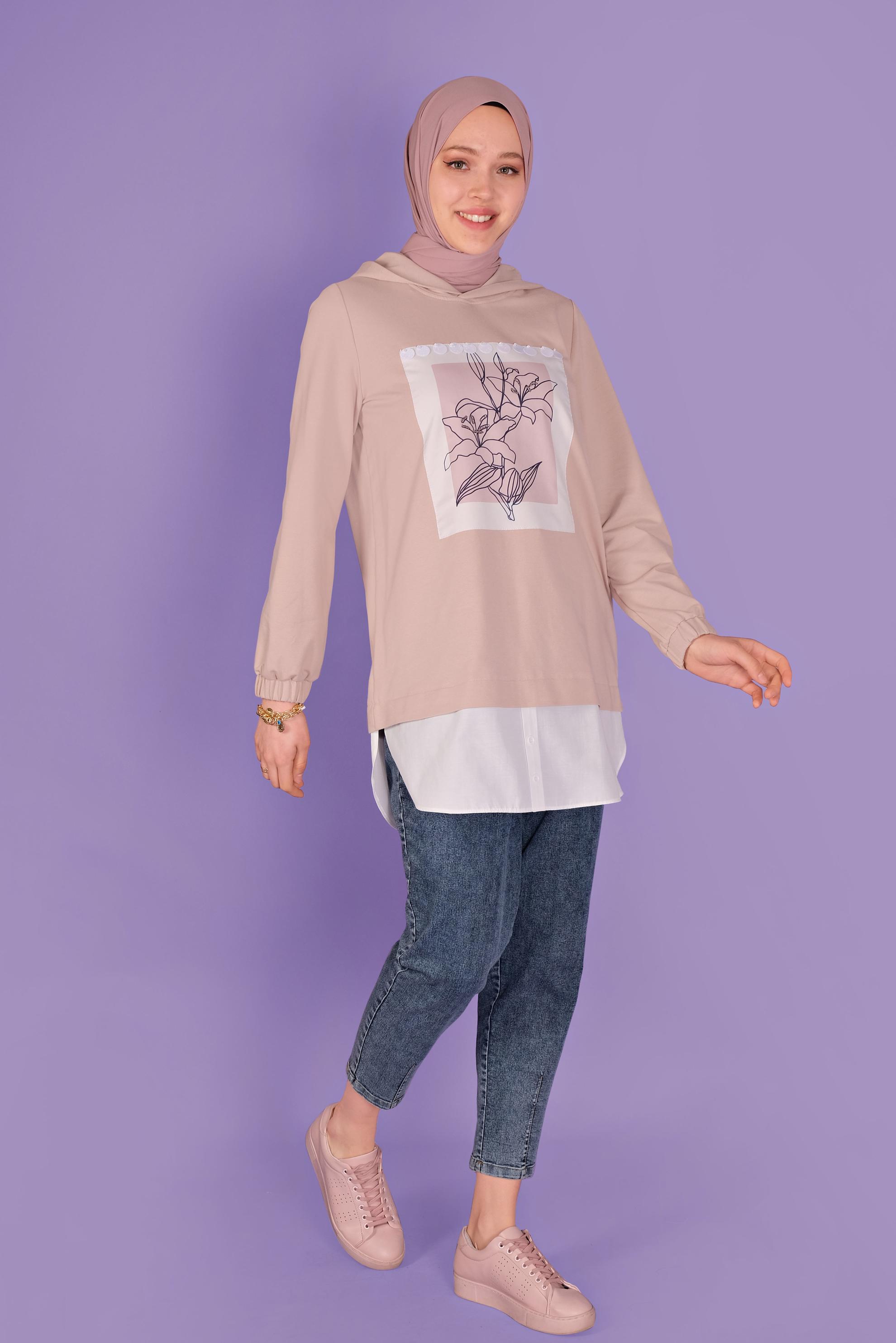 Tesettür giyim PUDRA ÇİÇEK BASKILI EŞOFMAN TUNİK  41414 