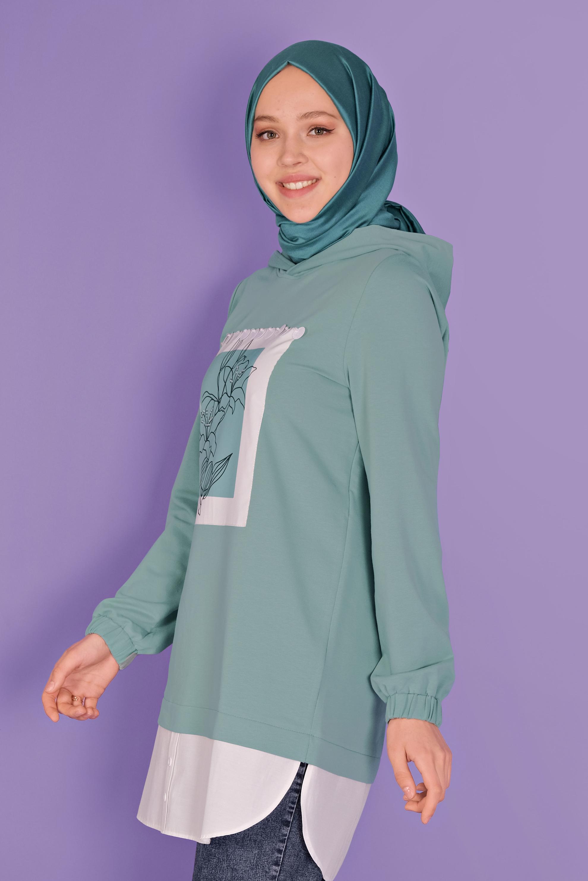 Tesettür giyim YEŞİL ÇİÇEK BASKILI EŞOFMAN TUNİK  41414 