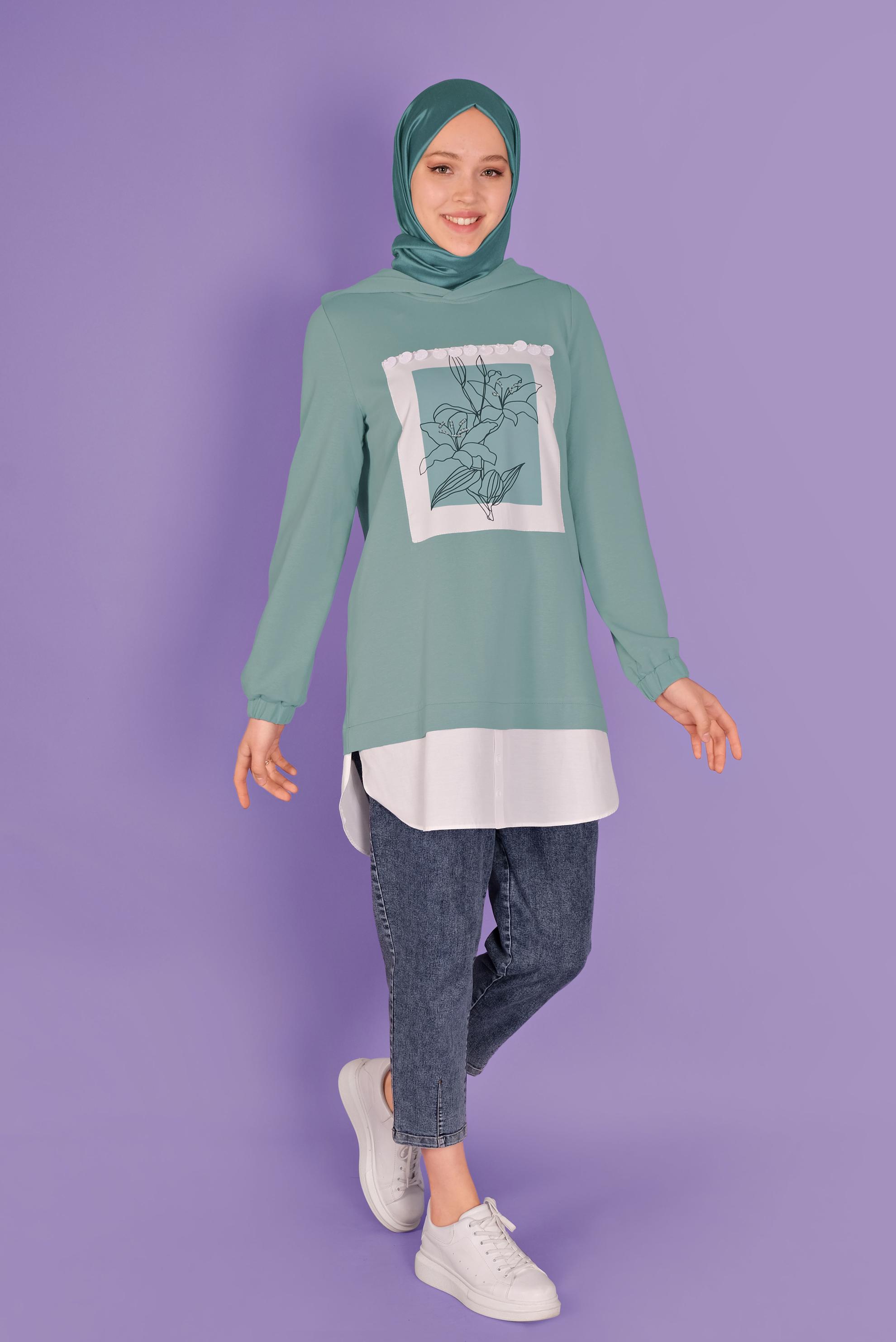 Tesettür giyim YEŞİL ÇİÇEK BASKILI EŞOFMAN TUNİK  41414 