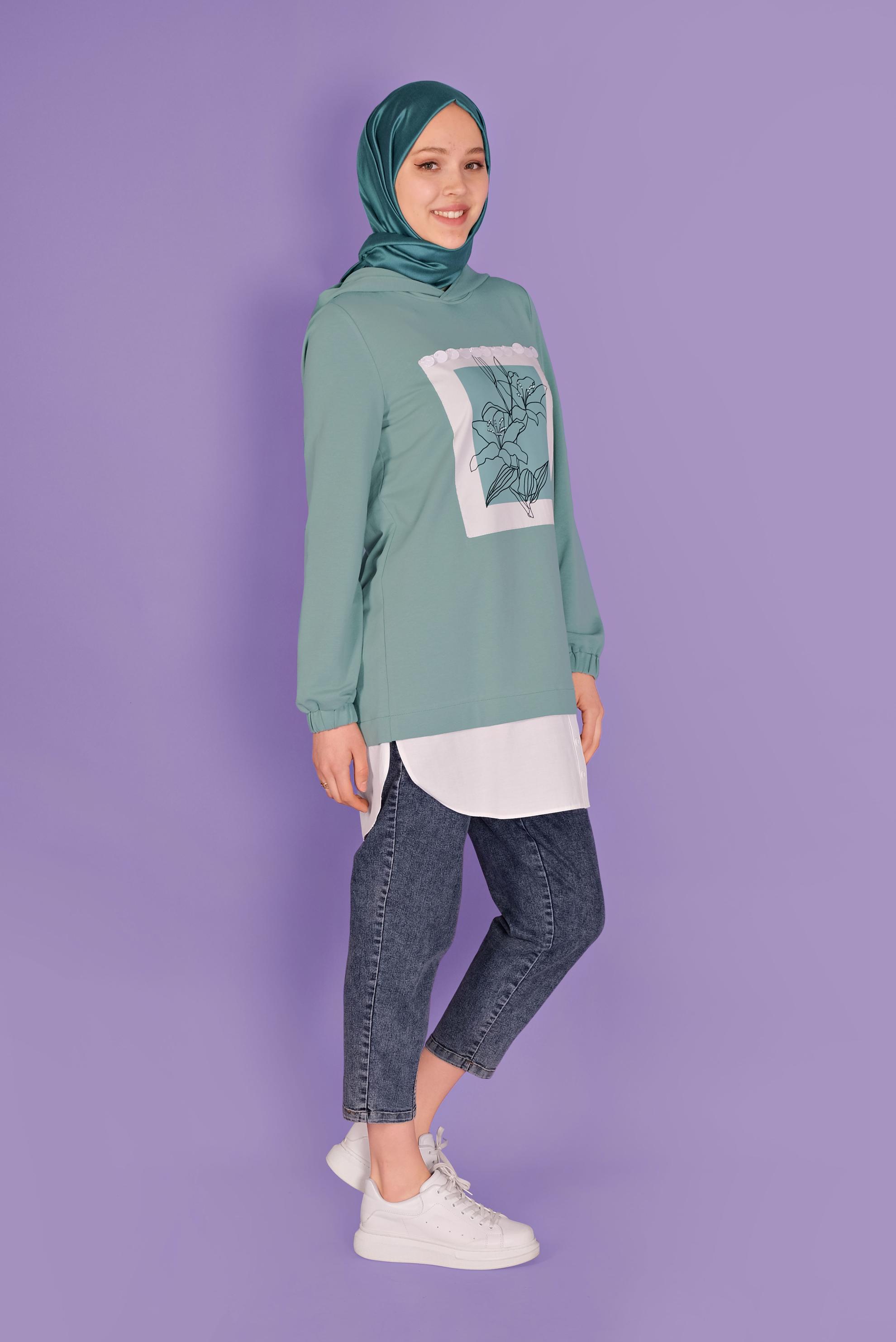 Tesettür giyim YEŞİL ÇİÇEK BASKILI EŞOFMAN TUNİK  41414 