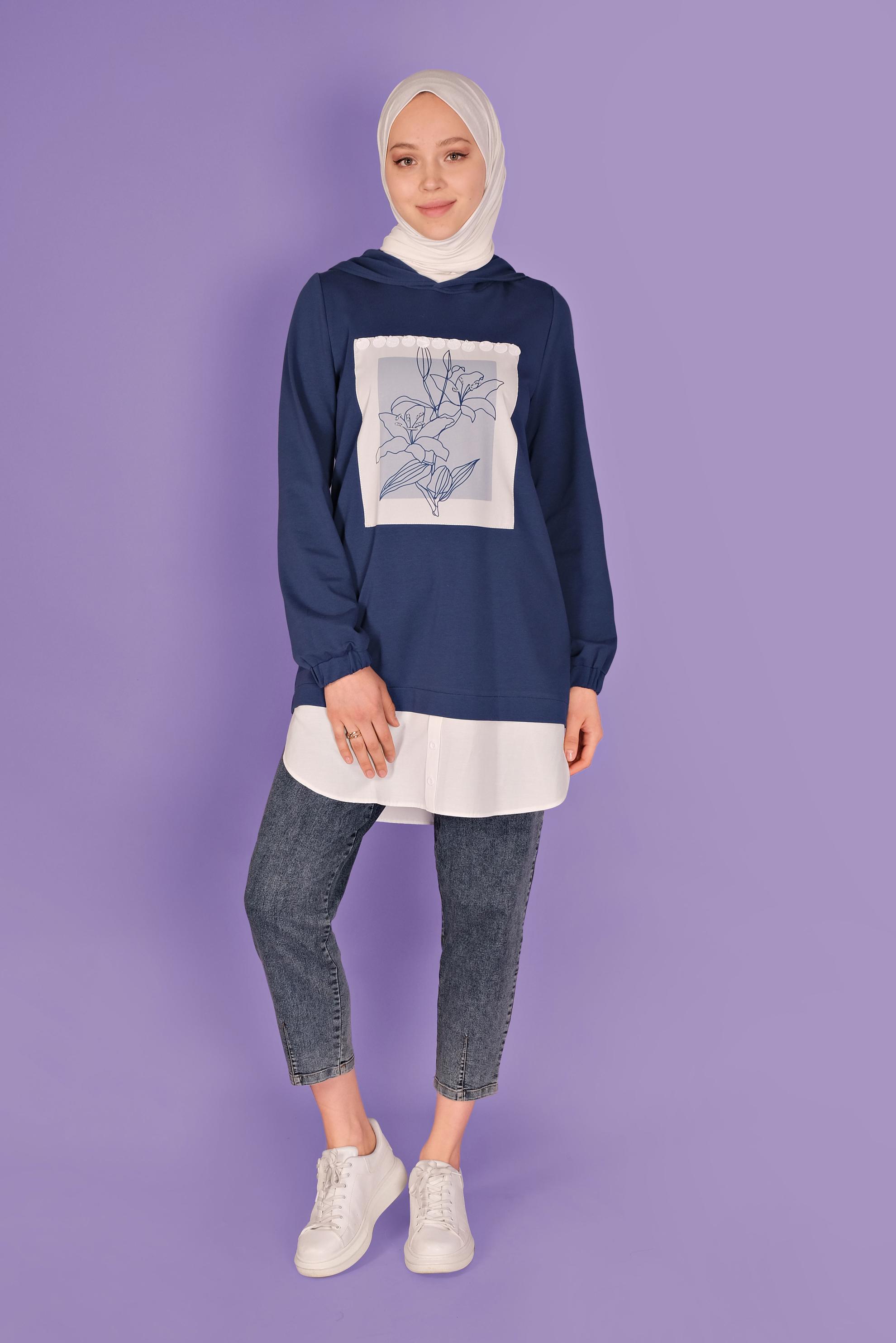 Tesettür giyim LACİVERT ÇİÇEK BASKILI EŞOFMAN TUNİK  41414 