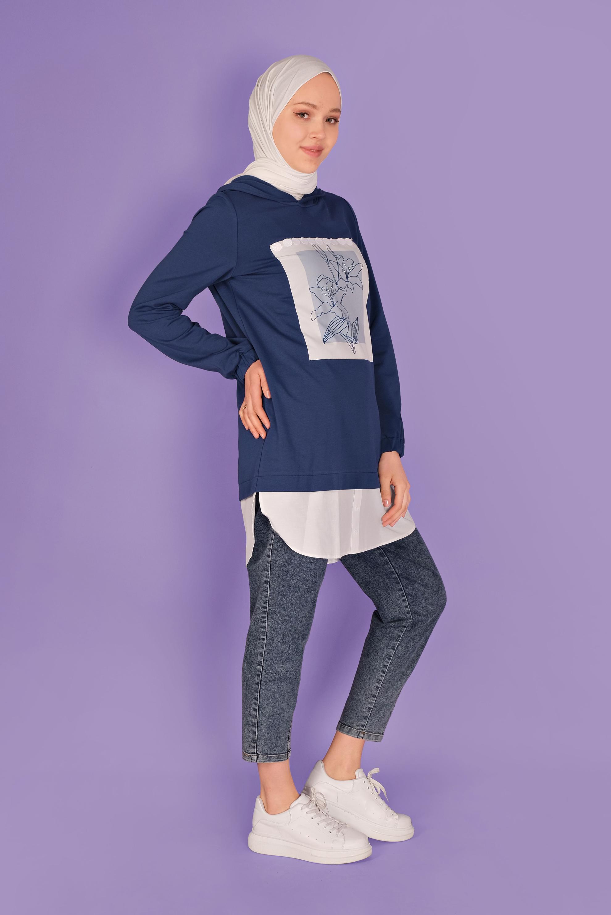 Tesettür giyim LACİVERT ÇİÇEK BASKILI EŞOFMAN TUNİK  41414 