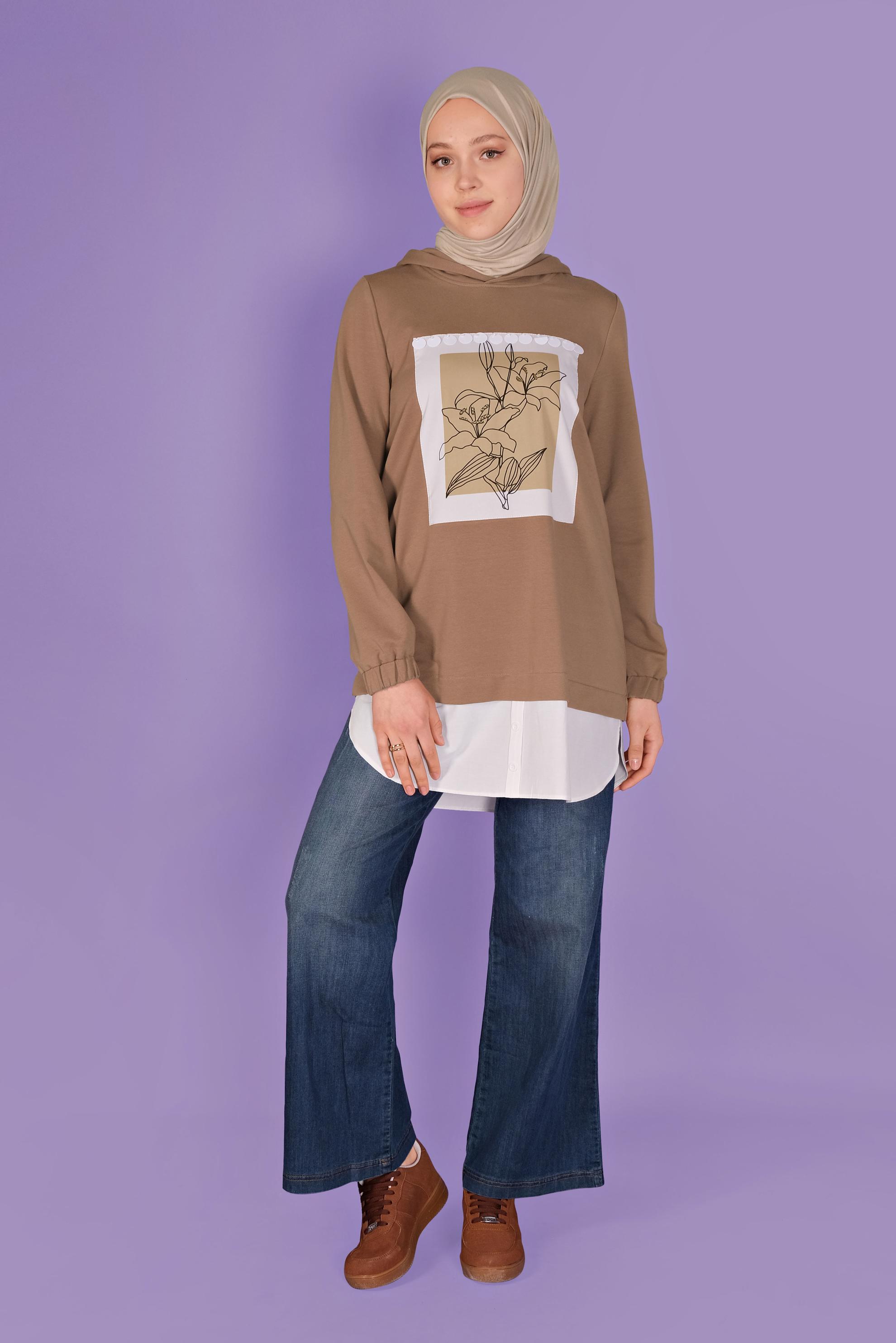 Tesettür giyim KAHVE ÇİÇEK BASKILI EŞOFMAN TUNİK  41414 